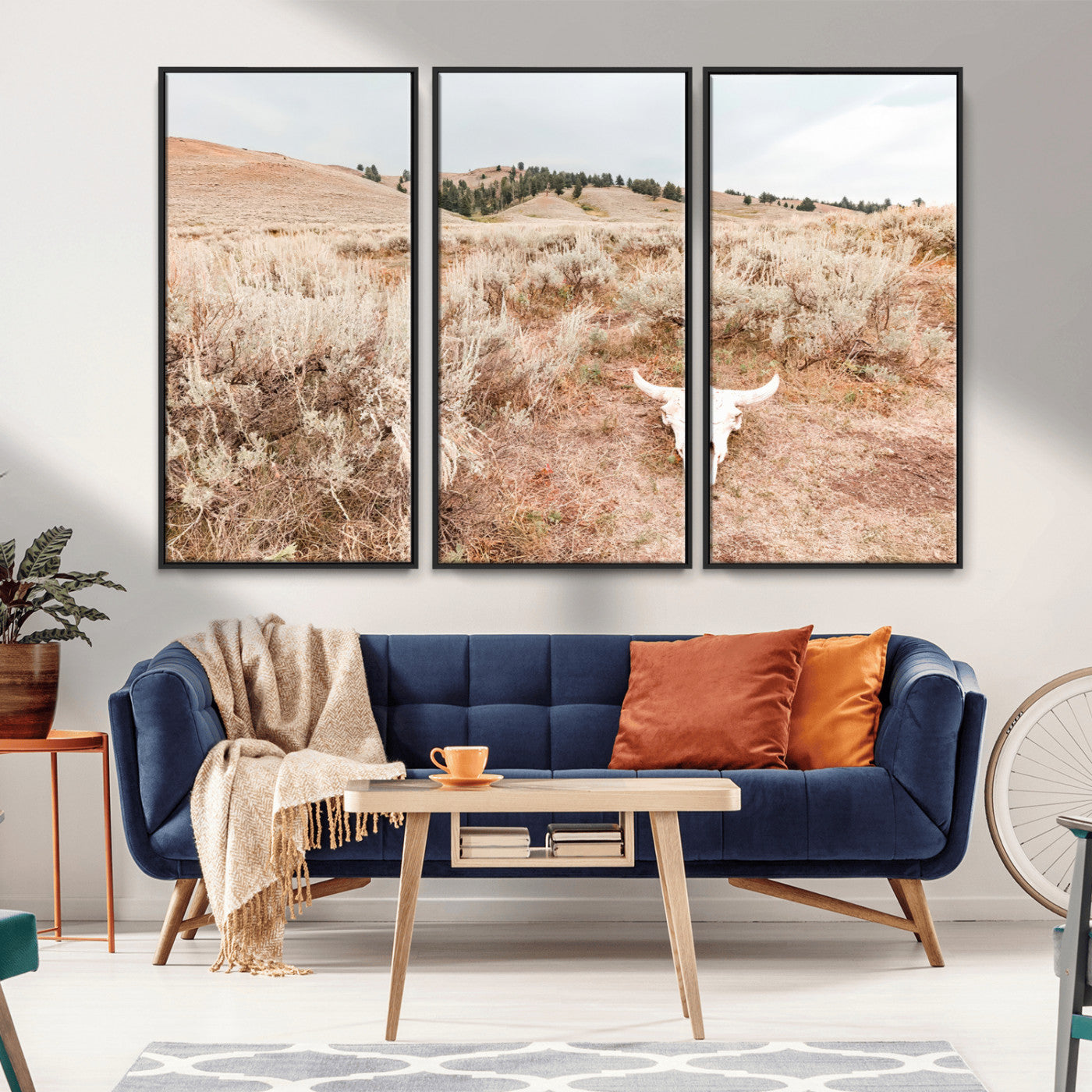 97234735-MGV-FC-48X32-3P_Black-Rustic Bones Wall Art Canvas Print, Framed Desert Sage Art Picture Print, Prairie Skull Perfect Minimal Rustic Decor Artwork