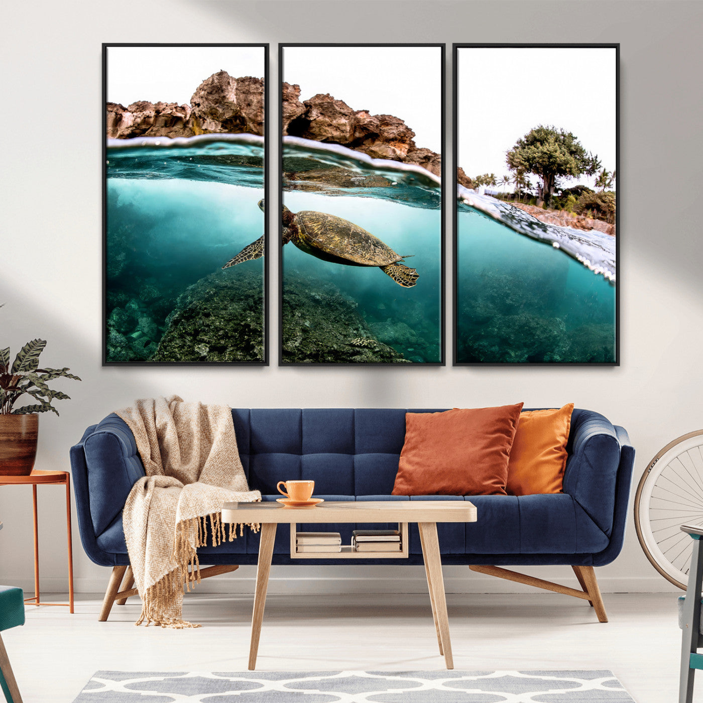 44200301-MGV-CV-36X24-Sea Turtle Swim Wall Art Canvas Print, Framed Ocean Life Art Picture Print, Tropical Shoreline Perfect Tropical Coastal Decor