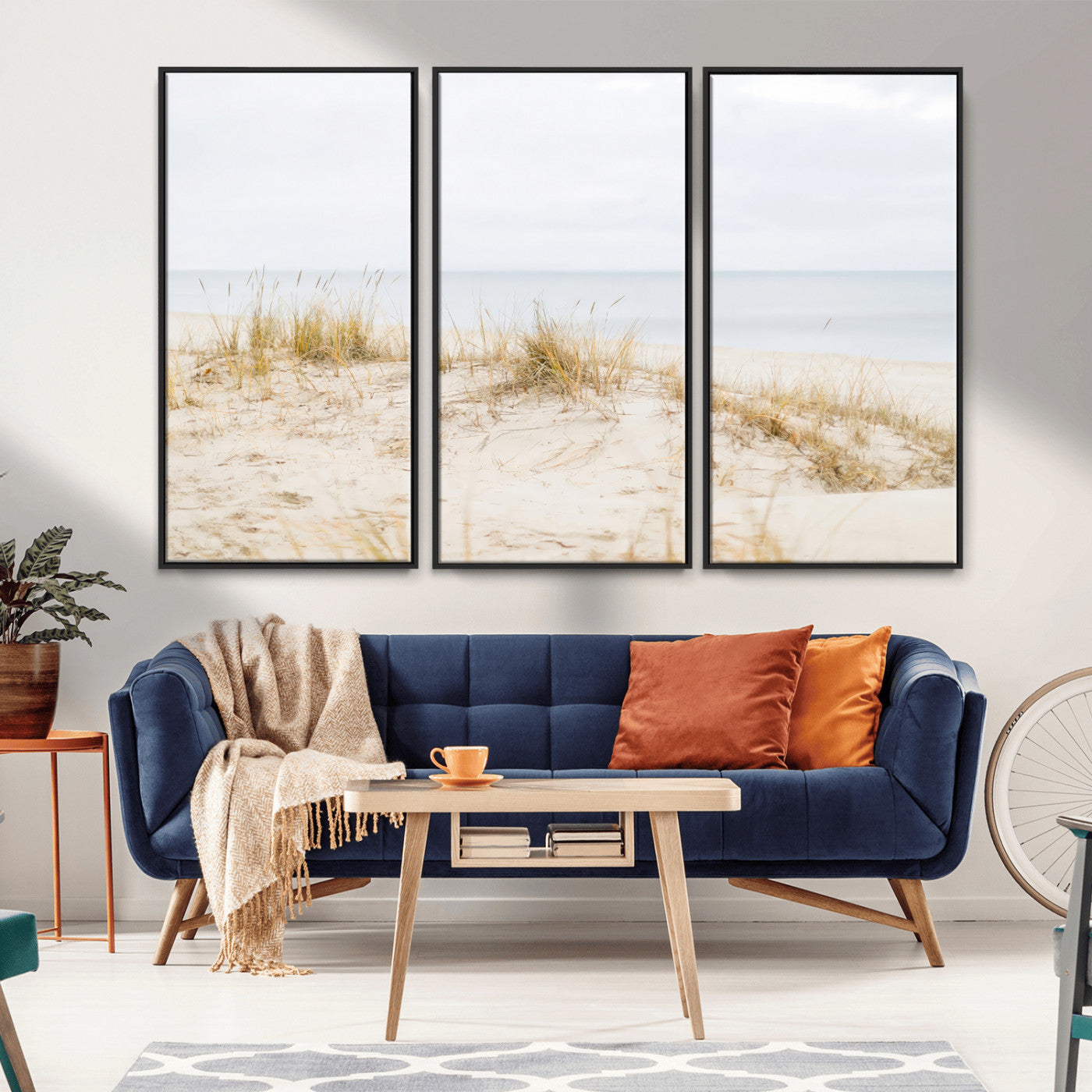 13146857-MGV-FC-48X32-3P_Black-Beach Dunes Wall Art Canvas Print, Framed Soft Horizon Art Picture Print, Coastal Grass Perfect Minimalist Coastal Decor Artwork