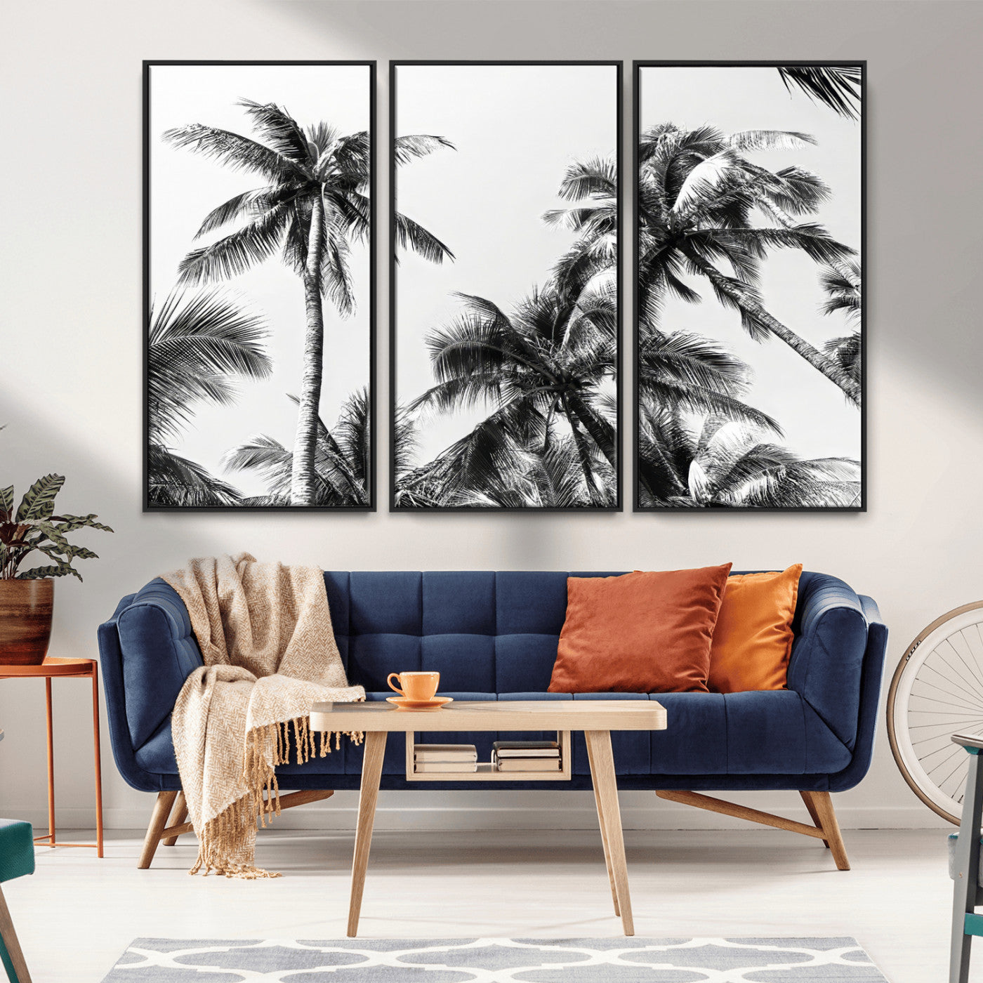 46641801-MGV-FC-48X32-3P_Black-Palm Tree Wall Art Canvas Print, Framed Black White Tropics Art Picture Print, Monochrome Palms Perfect Modern Tropical Minimalist