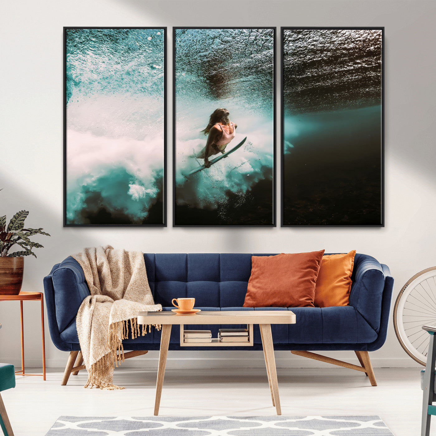 85923512-MGV-FC-48X32-3P_Black-Aquatic Motion Wall Art Canvas Print, Framed Underwater Swimming Art Picture Print, Female Surfer Diving Perfect Coastal Boho