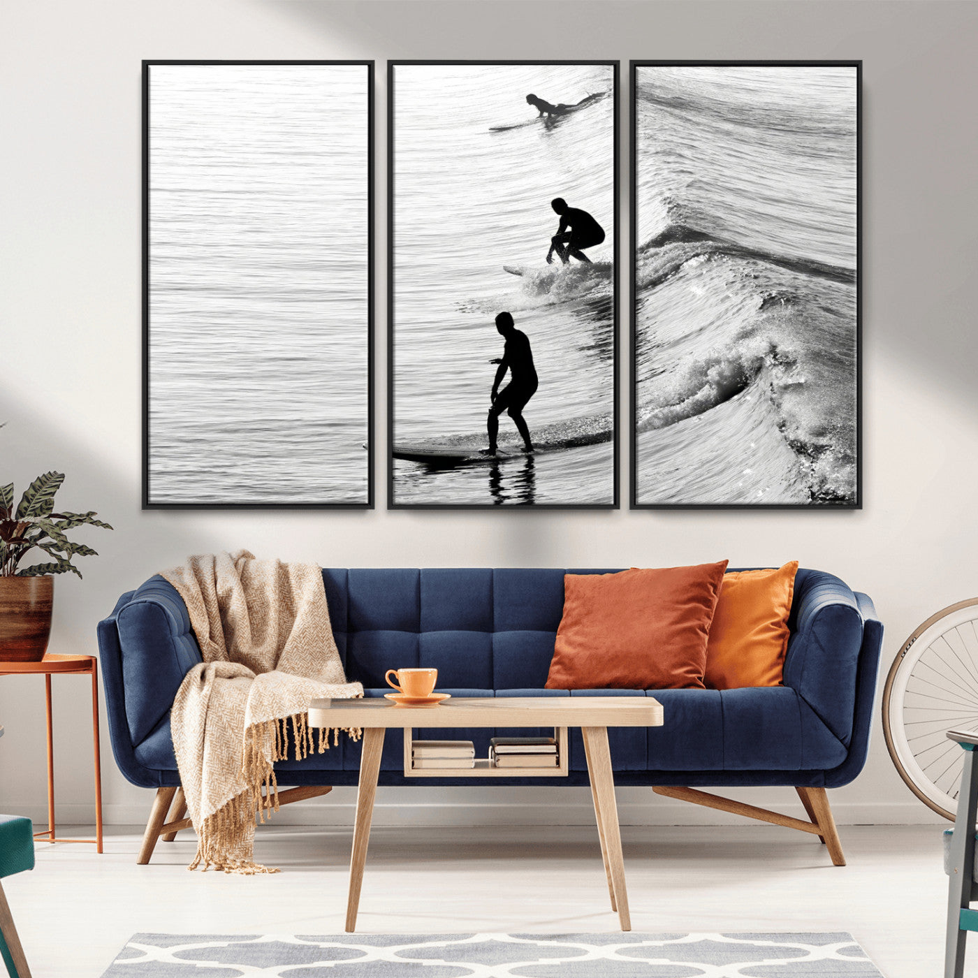19875284-MGV-CV-36X24-Surfer Waves Wall Art Canvas Print, Framed Black White Surf Art Picture Print, Monochrome Ocean Perfect Modern Coastal Decor