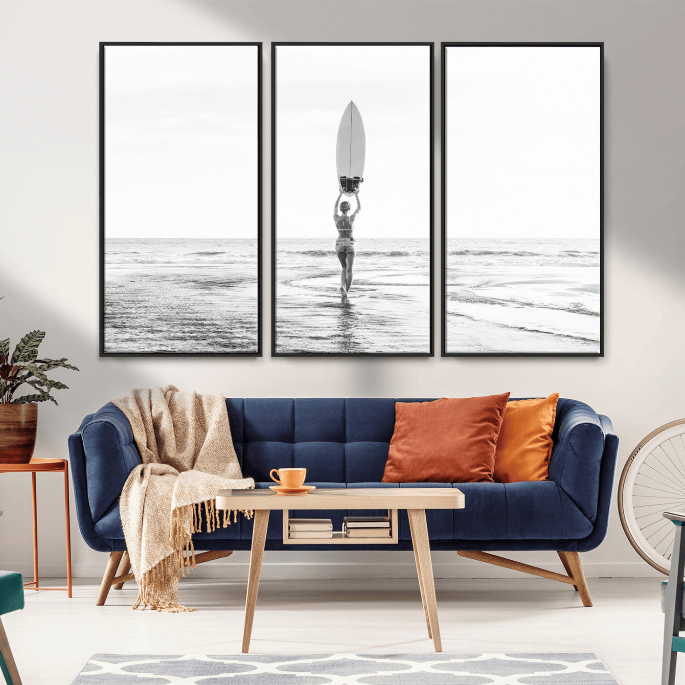 98446901-MGV-CV-36X24-Monochrome Surf Wall Art Canvas Print, Framed Minimalist Surfer Art Picture Print, Surfboard Silhouette Perfect Coastal Minimalist