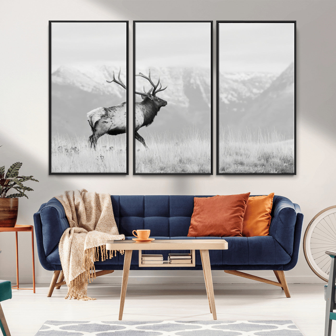 62278753-MGV-FC-48X32-3P_Black-Monochrome Elk Wall Art Canvas Print, Framed Mountain Wildlife Art Picture Print, Rustic Nature Perfect Rustic Minimalist Decor