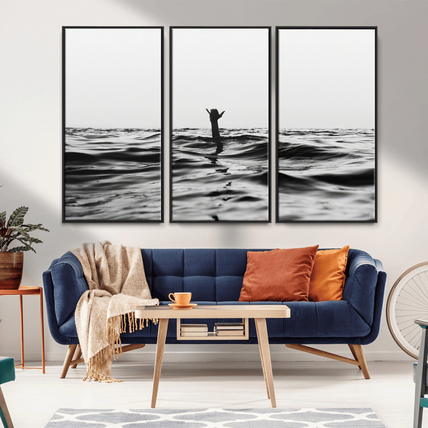 69541918-MGV-FC-48X32-3P_Black-Black White Ocean Wall Art Canvas Print, Framed Moody Seascape Art Picture Print, Surfer Sign Perfect Moody Minimalist Decor