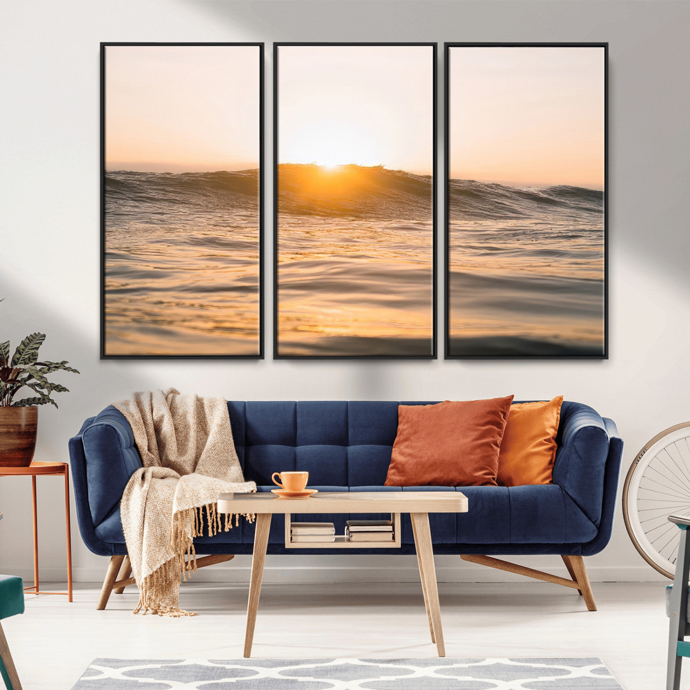 16973771-MGV-FC-48X32-3P_Black-Calm Water Wall Art Canvas Print, Framed Sunset Waves Art Picture Print, Coastal Warmth Perfect Warm Minimalist Decor Artwork