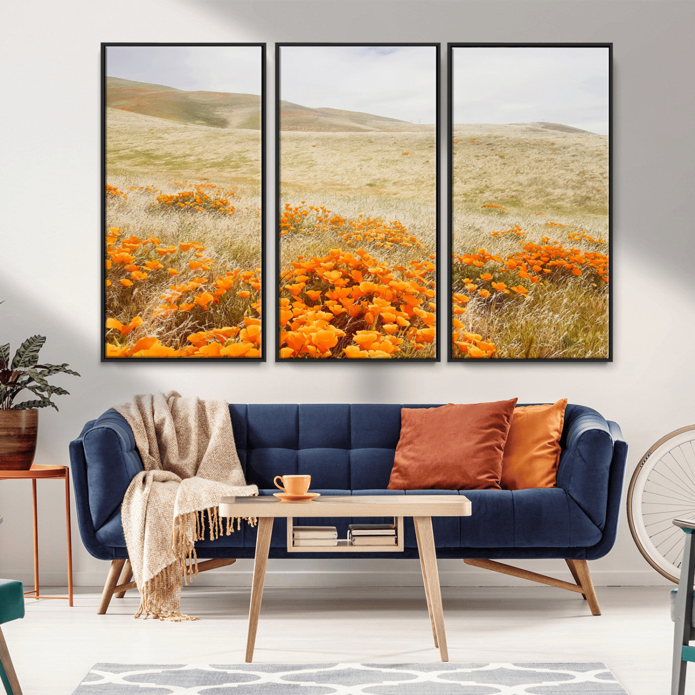 28972262-MGV-CV-36X24-Golden Wildflowers Wall Art Canvas Print, Framed Hills Bloom Art Picture Print, Poppy Meadow Perfect Rustic Nature Decor Artwork