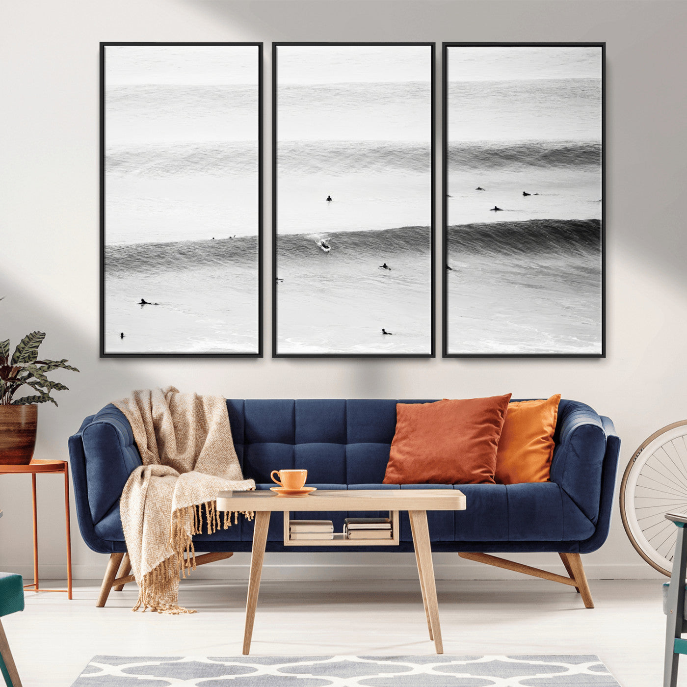 54291445-MGV-FC-48X32-3P_Black-Black White Ocean Wall Art Canvas Print, Framed Coastal Sport Art Picture Print, Ocean Culture Perfect Minimalist Coastal Decor
