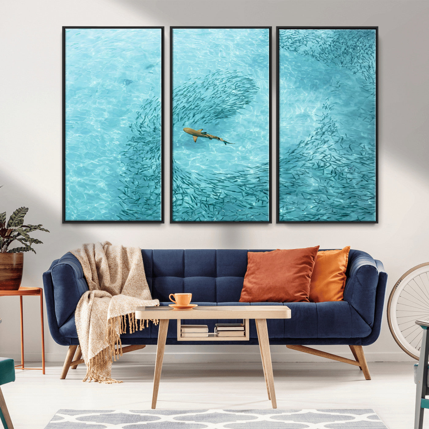 43671474-MGV-CV-36X24-Fish Swarm Wall Art Canvas Print, Framed Marine Life Art Picture Print, Shark Aerial Perfect Wildlife Coastal Decor Artwork