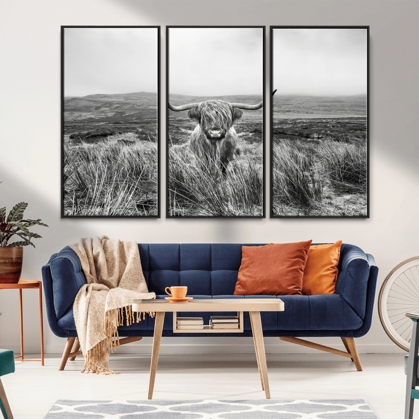 24051061-MGV-CV-36X24-Monochrome Highland Cow Wall Art Canvas Print, Framed Scottish Bull Art Picture Print, Lone Cattle Perfect Rustic Farmhouse Decor