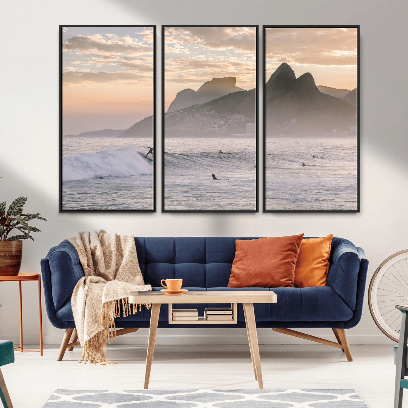 70644906-MGV-FC-48X32-3P_Black-Sunset Surfing Wall Art Canvas Print, Framed Misty Mountains Art Picture Print, Surfer Riding Wave Perfect Coastal Adventure Decor