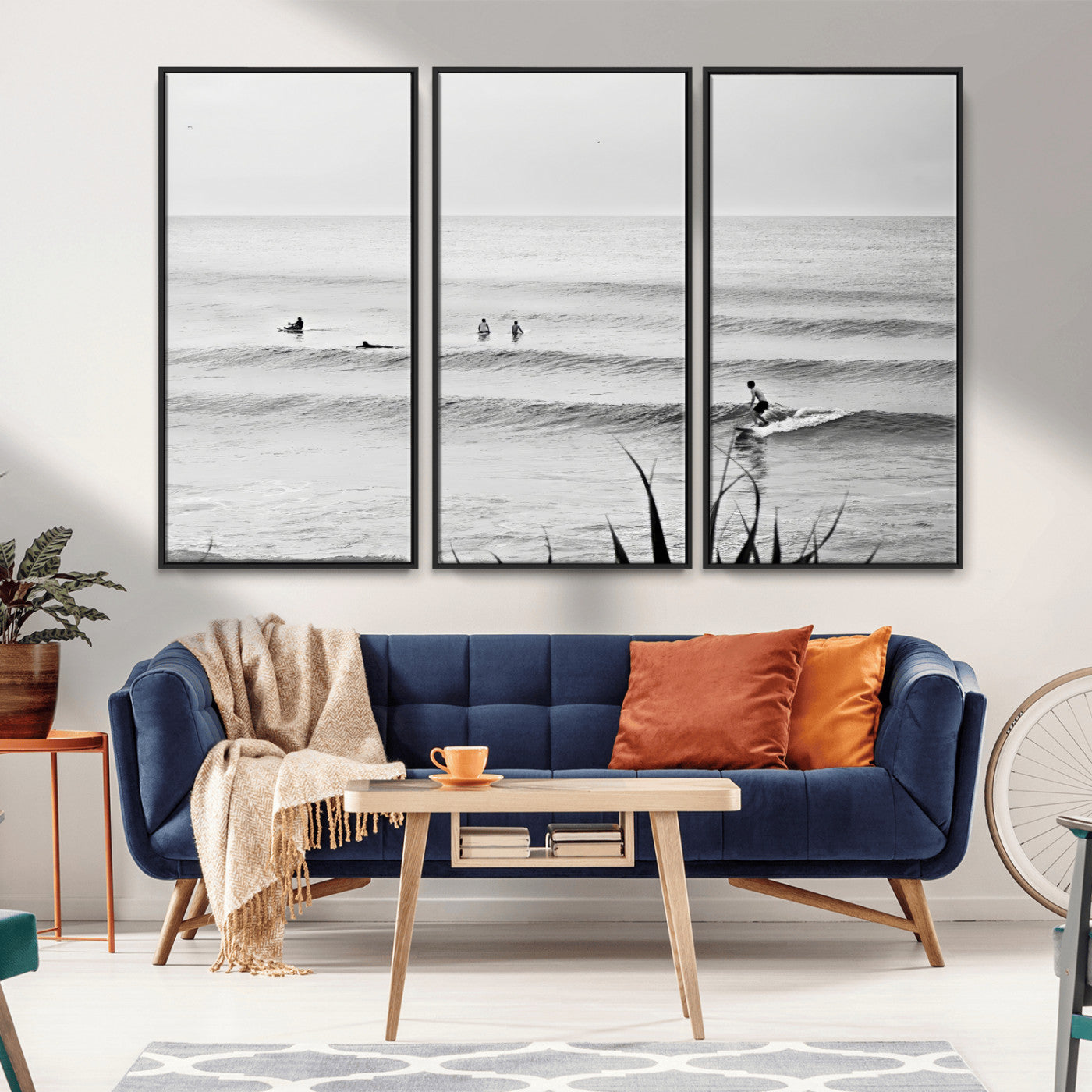 33821421-MGV-FC-48X32-3P_Black-Surfer Silhouette Wall Art Canvas Print, Framed Calm Ocean Art Picture Print, Monochrome Surf Perfect Minimalist Coastal Decor
