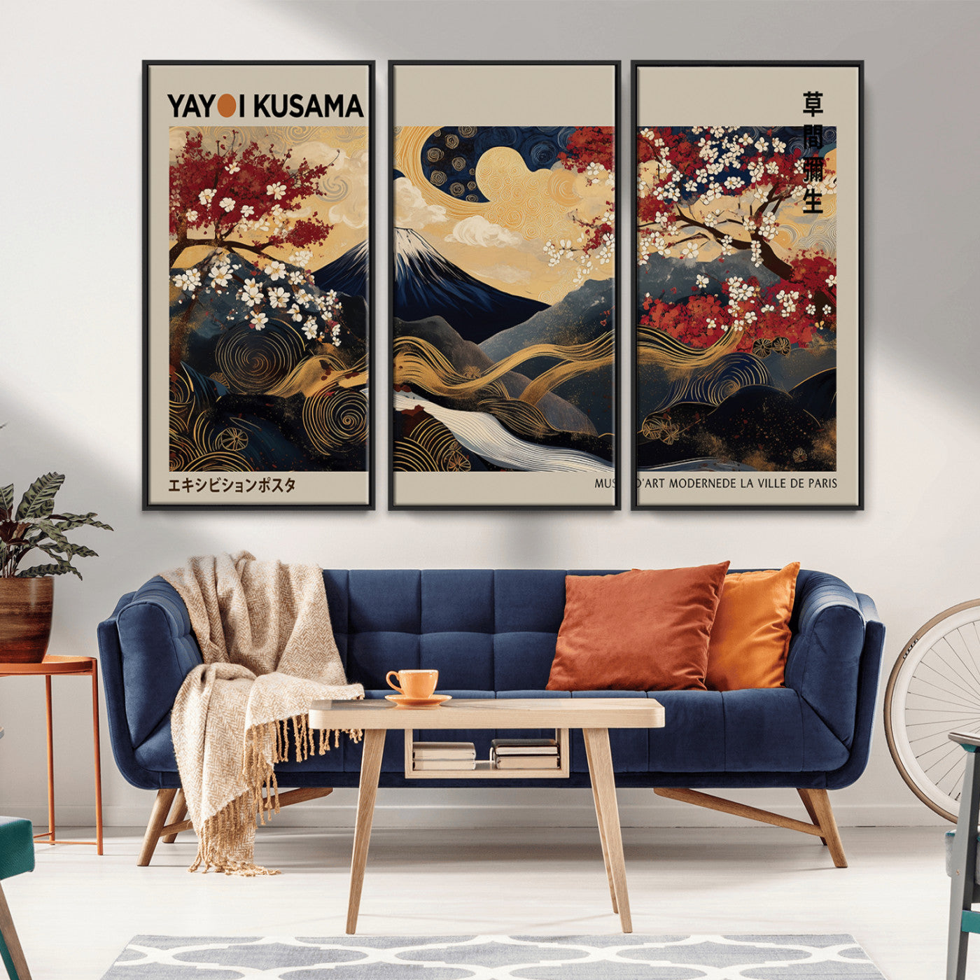 54967195-MGV-CV-36X24-Mount Fuji Wall Art – Japanese Cherry Blossom Abstract Canvas Print, Navy Gold Landscape Painting, Oriental Luxury Home Decor