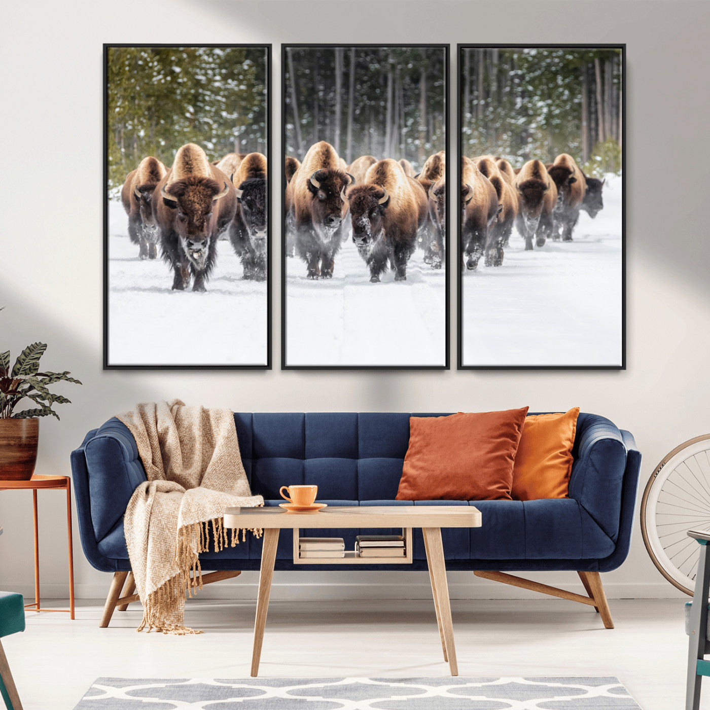 22695857-MGV-FC-48X32-3P_Black-Bison Herd Scene Wall Art Canvas Print, Framed Western Wildlife Art Picture Print, Rustic Animal Art Perfect Rustic Lodge Decor