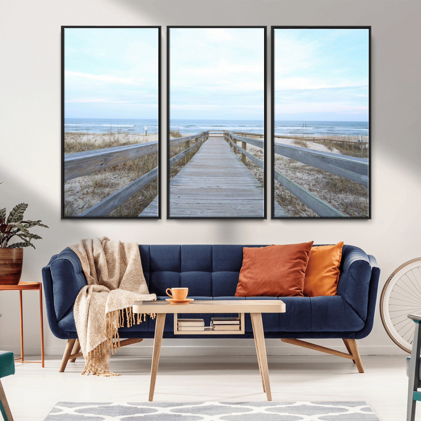 31602988-MGV-CV-36X24-Beach Boardwalk Wall Art Canvas Print, Framed Coastal Serenity Art Picture Print, Ocean View Perfect Coastal Minimalist Decor