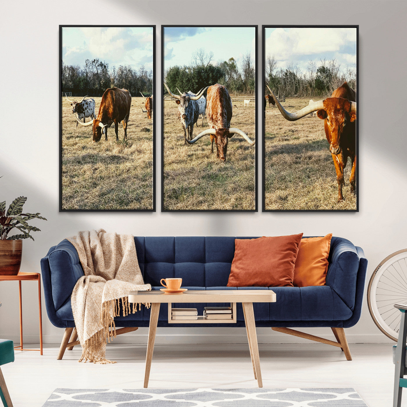 39144651-MGV-CV-36X24-Texas Longhorns Wall Art Canvas Print, Framed Rustic Farm Scene Art Picture Print, Western Cattle Perfect Rustic Farmhouse Decor