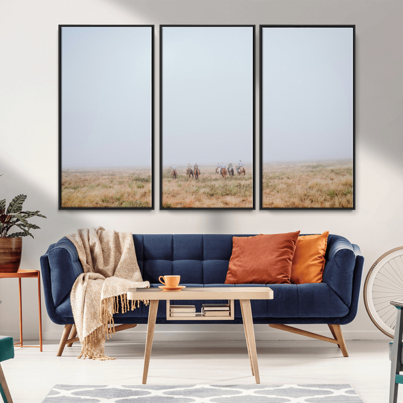 14761944-MGV-CV-36X24-Foggy Plains Wall Art Canvas Print, Framed Horseback Riders Art Picture Print, Rustic Western Perfect Rustic Western Decor Artwork