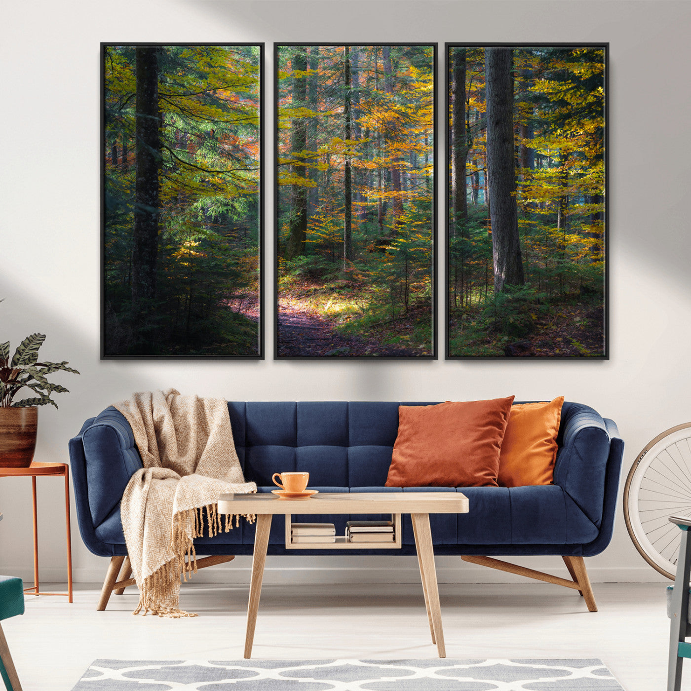 65810864-MGV-CV-36X24-Autumn Forest Wall Art Canvas Print, Framed Fall Woodland Art Picture Print, Golden Leaves Perfect Rustic Farmhouse Decor Artwork