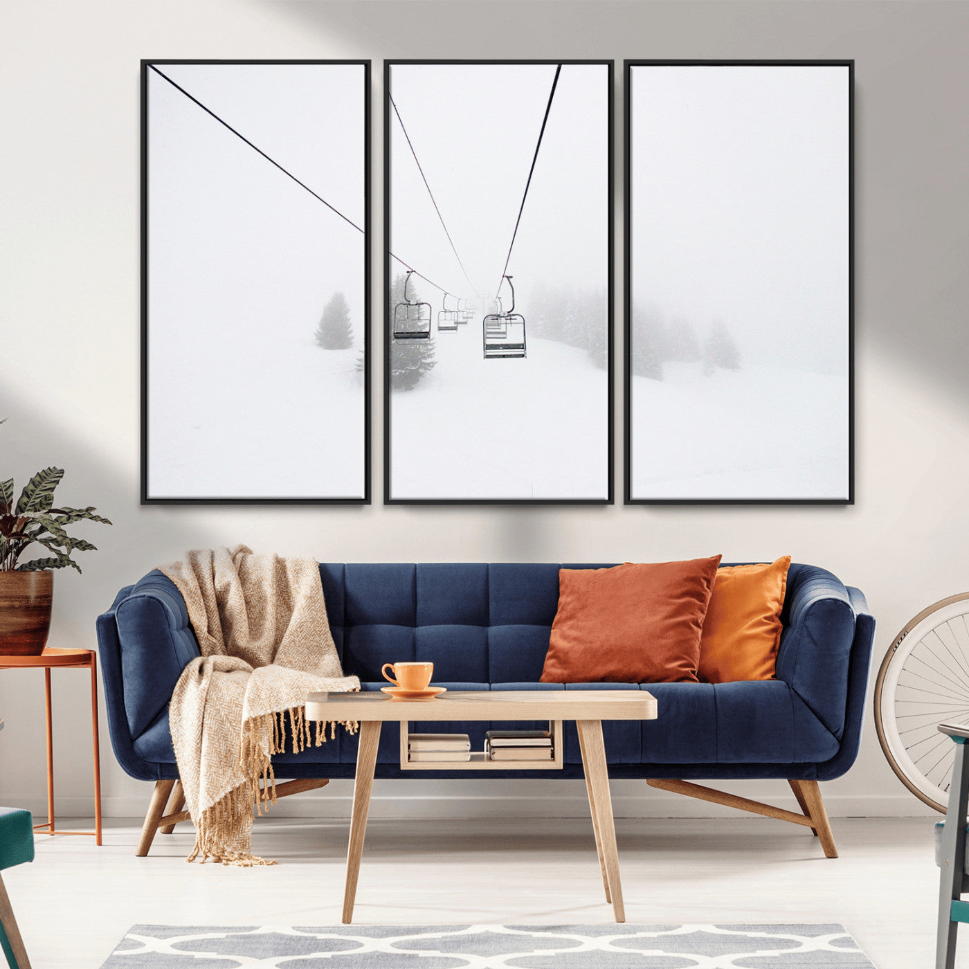 20216390-MGV-CV-36X24-Ski Lift Wall Art Canvas Print, Framed Snowy Landscape Art Picture Print, Alpine Adventure Perfect Nordic Minimalist Decor Artwork