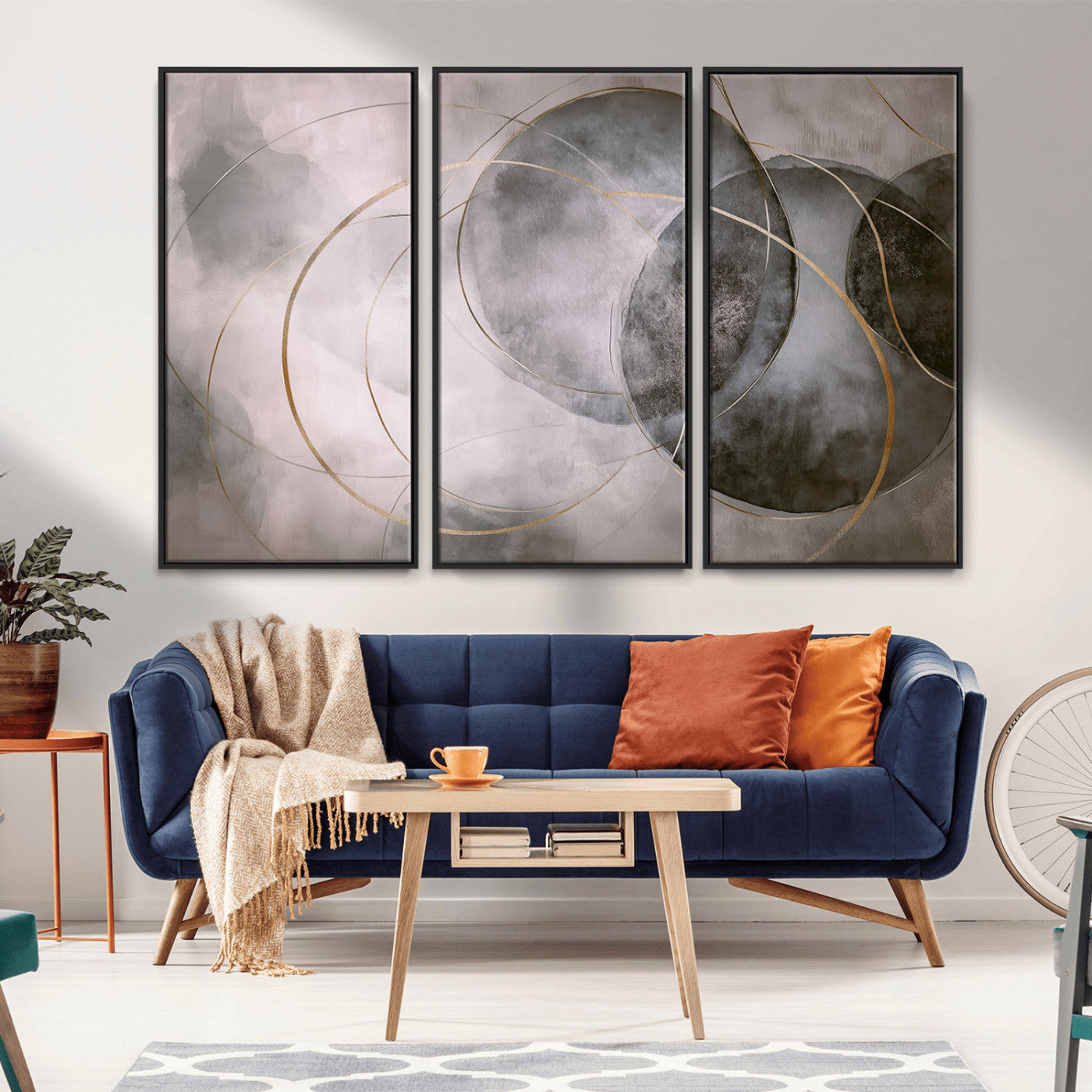 20066876-MGV-CV-36X24-Neutral Abstract Circle Wall Art – Modern Gray Beige Gold Canvas Print, Minimalist Geometric Painting for Bedroom, Living Room,
