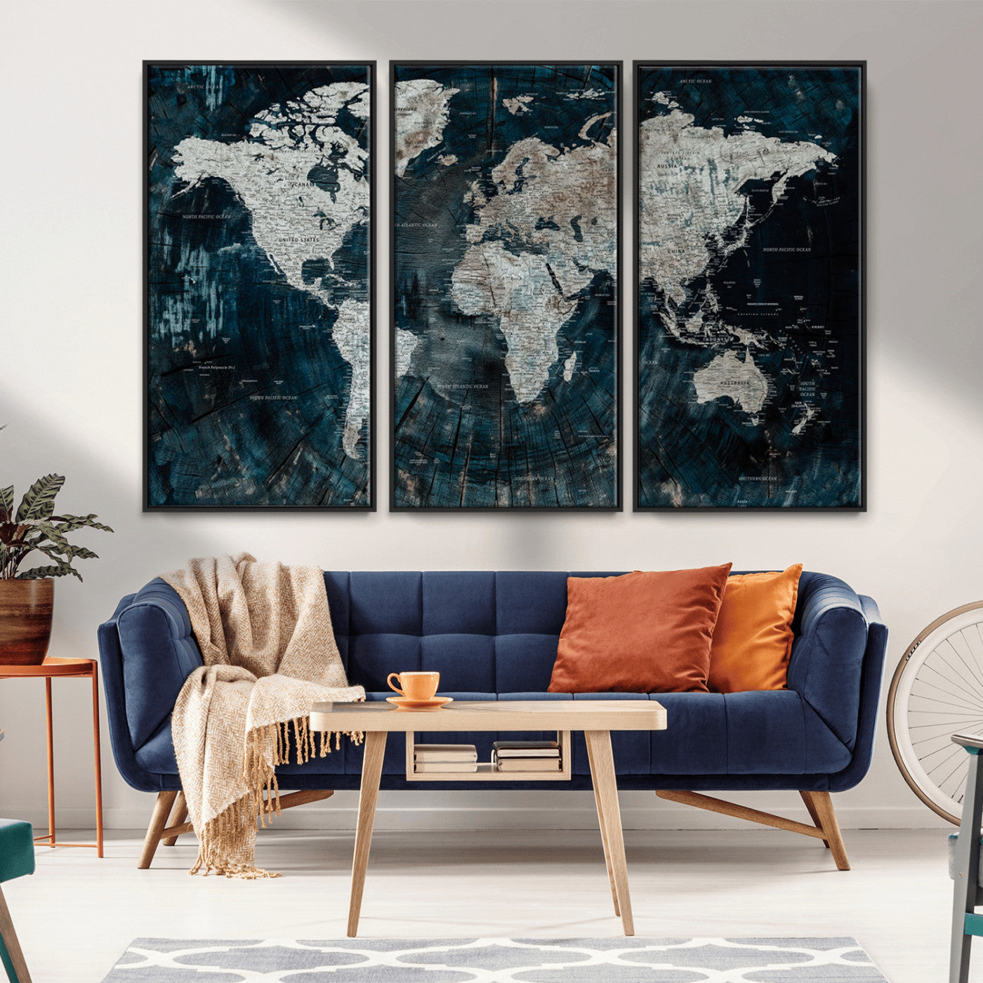 34425609-MGV-CV-36X24-World Map Wall Art – Rustic Navy and Grey Atlas Canvas Print, Distressed Explorer Map Artwork, Industrial Style Decor for Office,