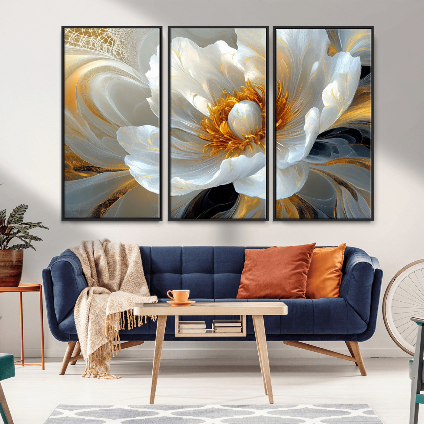 39604126-MGV-CV-36X24-Abstract Flower Wall Art – Elegant White and Gold Bloom Canvas Print, Modern Floral Artwork for Bedroom, Living Room, or Office