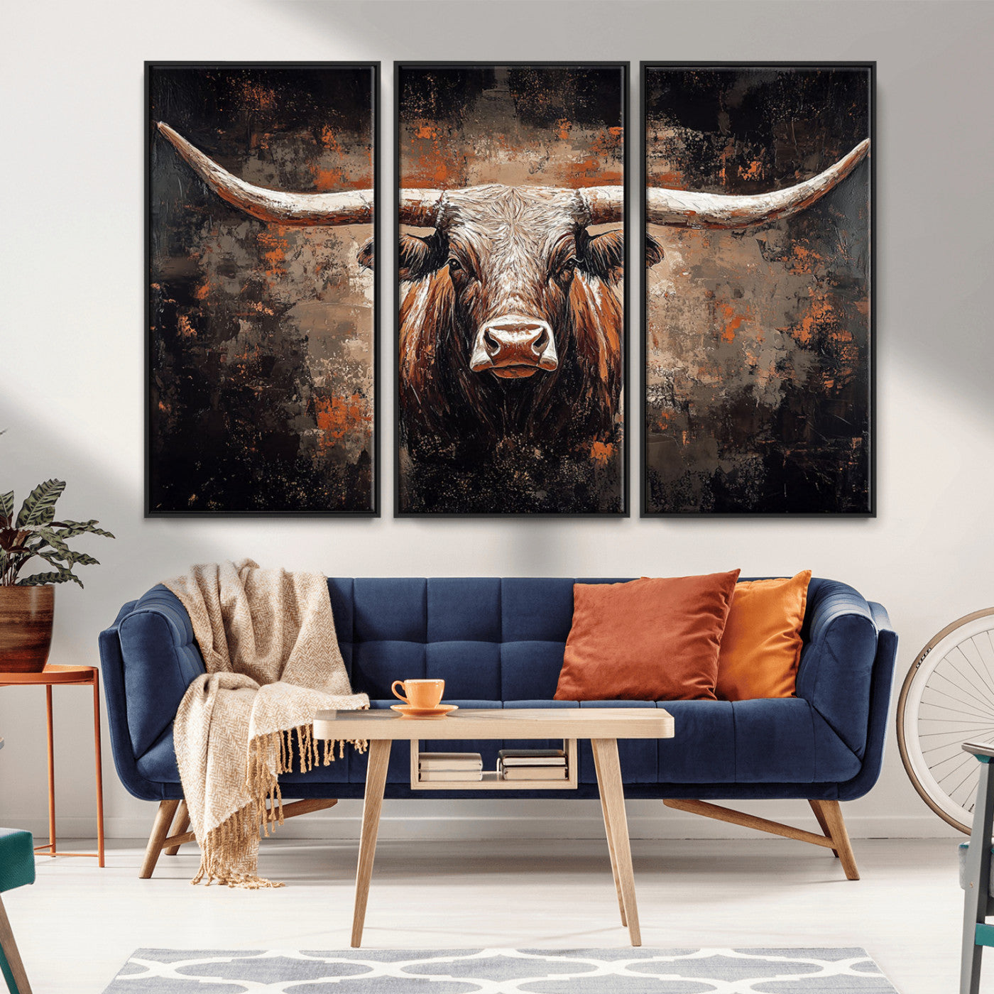 24779067-MGV-CV-36X24-Longhorn Bull Wall Art – Western Rustic Canvas Print, Bold Cowboy Cattle Painting for Ranch House, Farmhouse, Office, or Living
