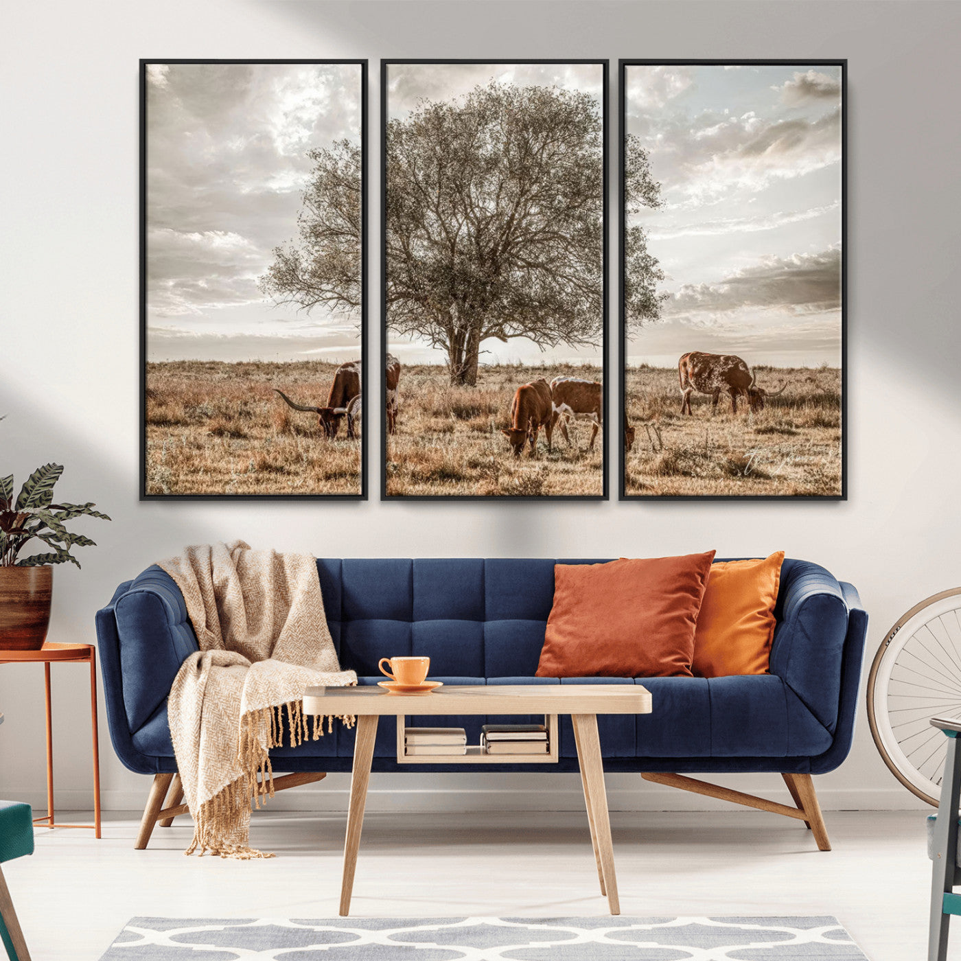 87590224-MGV-CV-36X24-Longhorn Cattle Wall Art – Rustic Western Landscape Canvas Print, Texas Farmhouse Prairie Scene for Living Room, Office, or Ranch