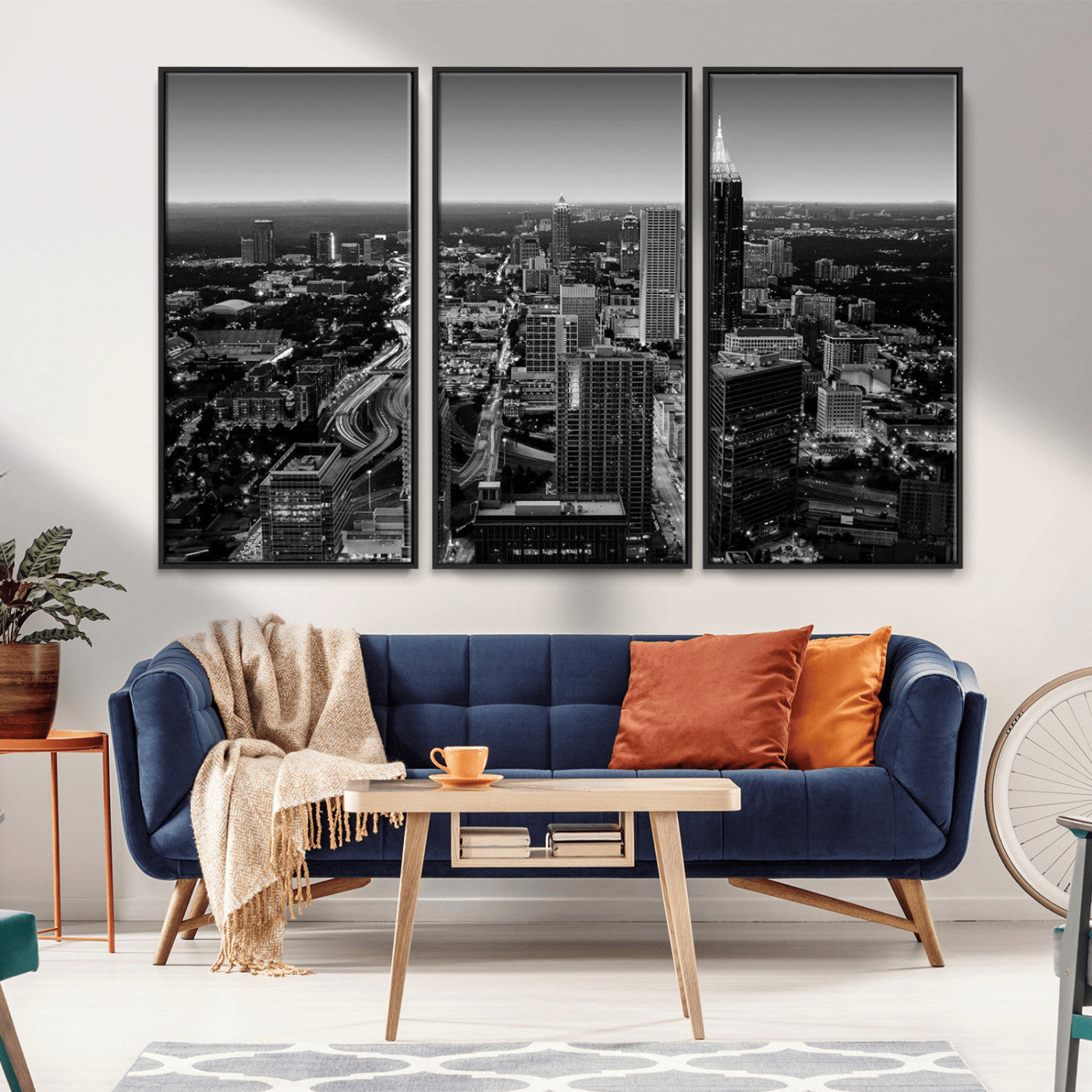 46578567-MGV-CV-36X24-Atlanta Skyline Wall Art – Black and White Cityscape Canvas Print, Modern Urban Night Decor for Office, Living Room, or Apartment