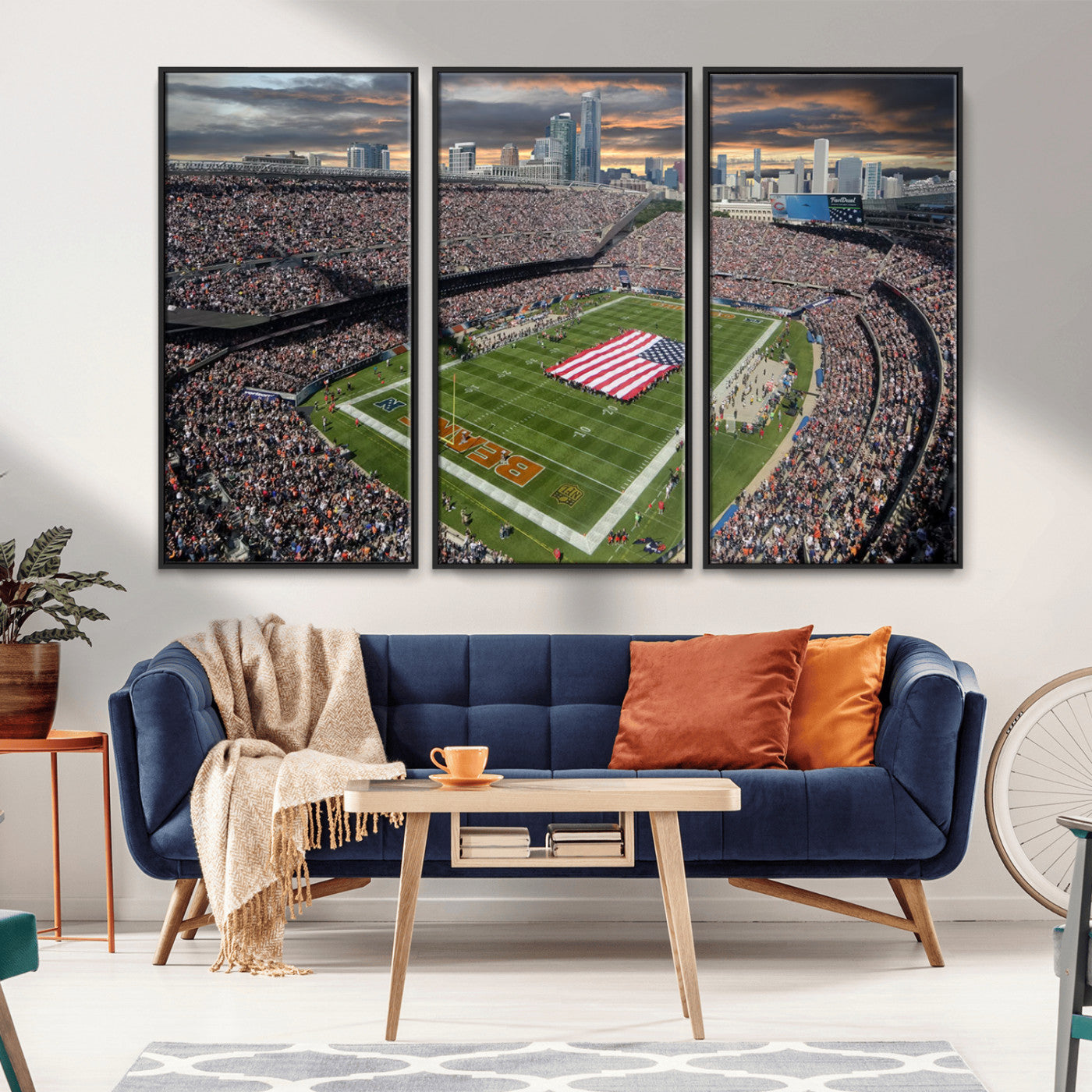 98106777-MGV-CV-36X24-Soldier Field Wall Art – Chicago Bears Stadium Canvas Print with American Flag, Game Day Football Decor for Man Cave, Bar, or