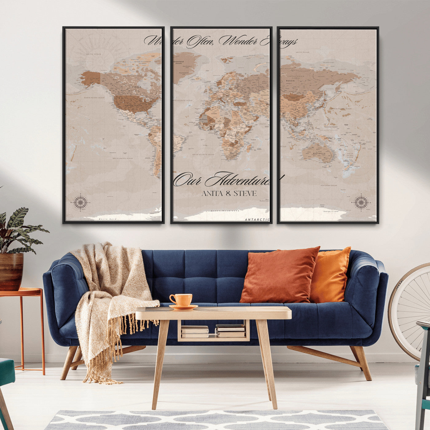 95243244-MGV-CV-36X24-Wander Often Wonder Always World Map Wall Art – Neutral Beige Adventure Canvas Print, Rustic Boho Travel Decor for Bedroom, Living