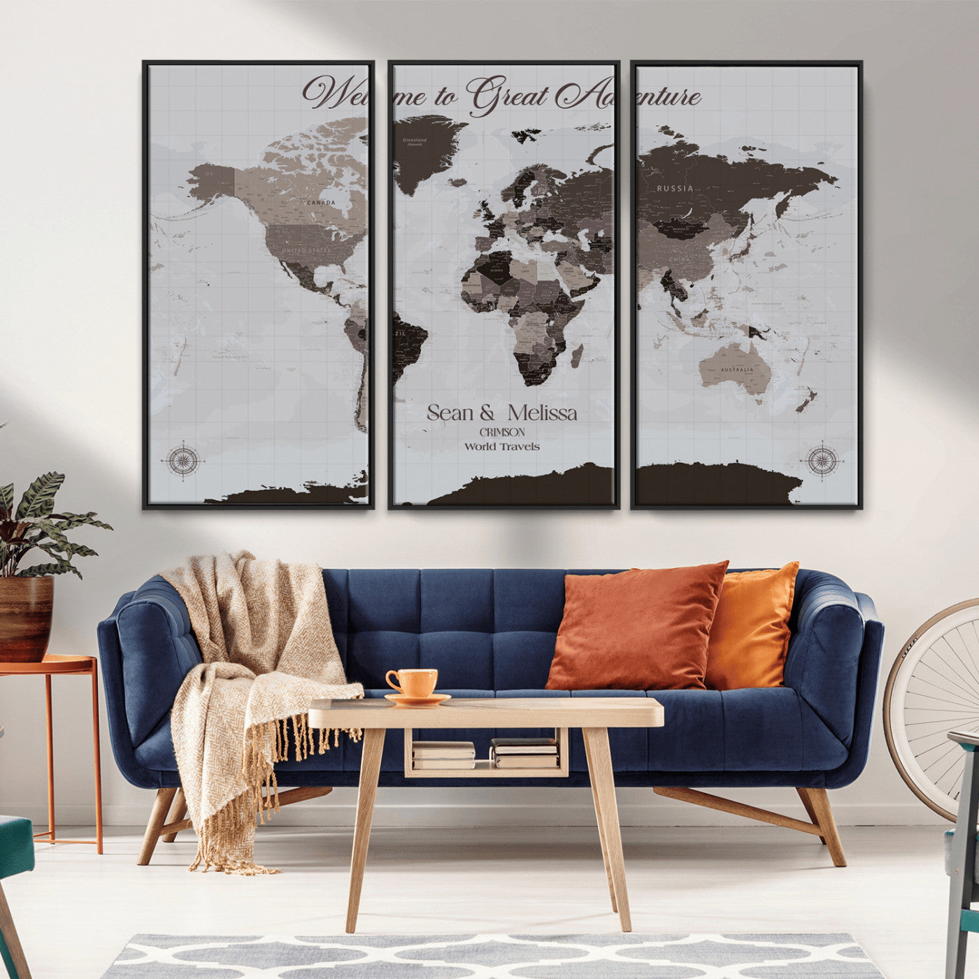 43749658-MGV-CV-36X24-Welcome to Great Adventure World Map Wall Art – Charcoal Gray Canvas Print, Rustic Travel Decor for Living Room, Study, Office or