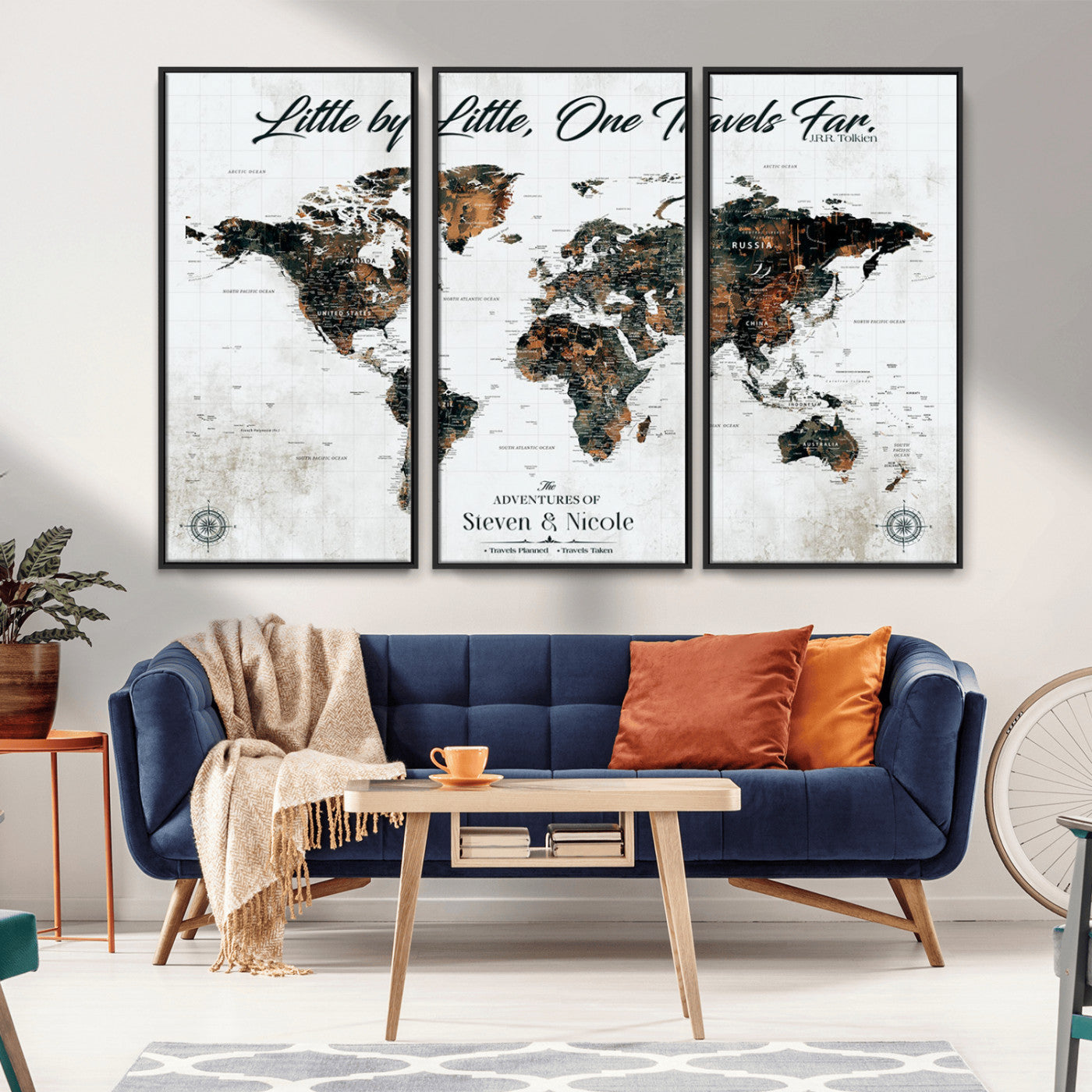 88337180-MGV-CV-36X24-Little by Little One Travels Far Tolkien Quote World Map Rustic Black Brown Adventure Wall Art Canvas Print for Home Office Living