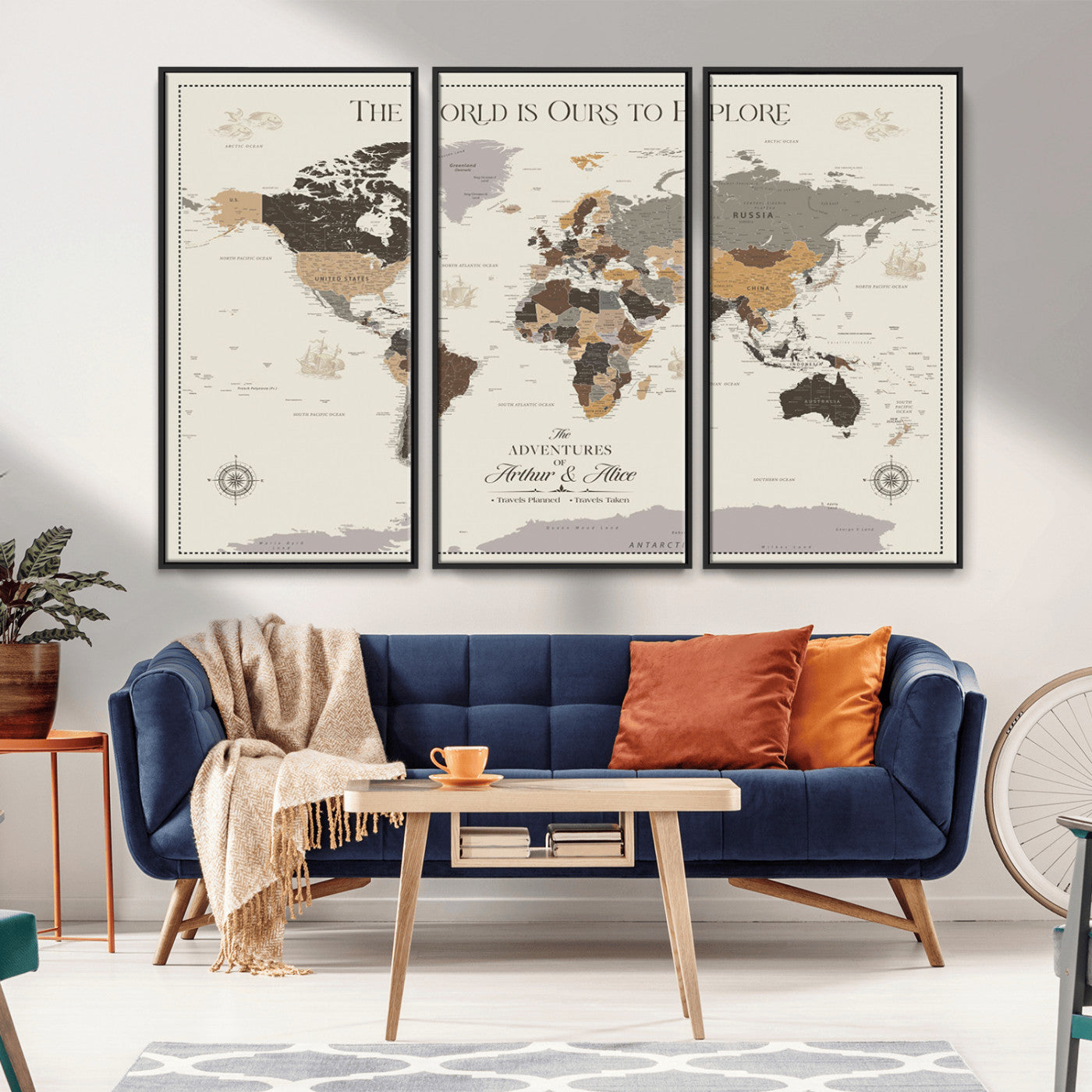 90024882-MGV-CV-36X24-The World is Ours to Explore Wall Art – Earth Tone World Map Canvas Print, Adventure Travel Decor for Living Room, Office or