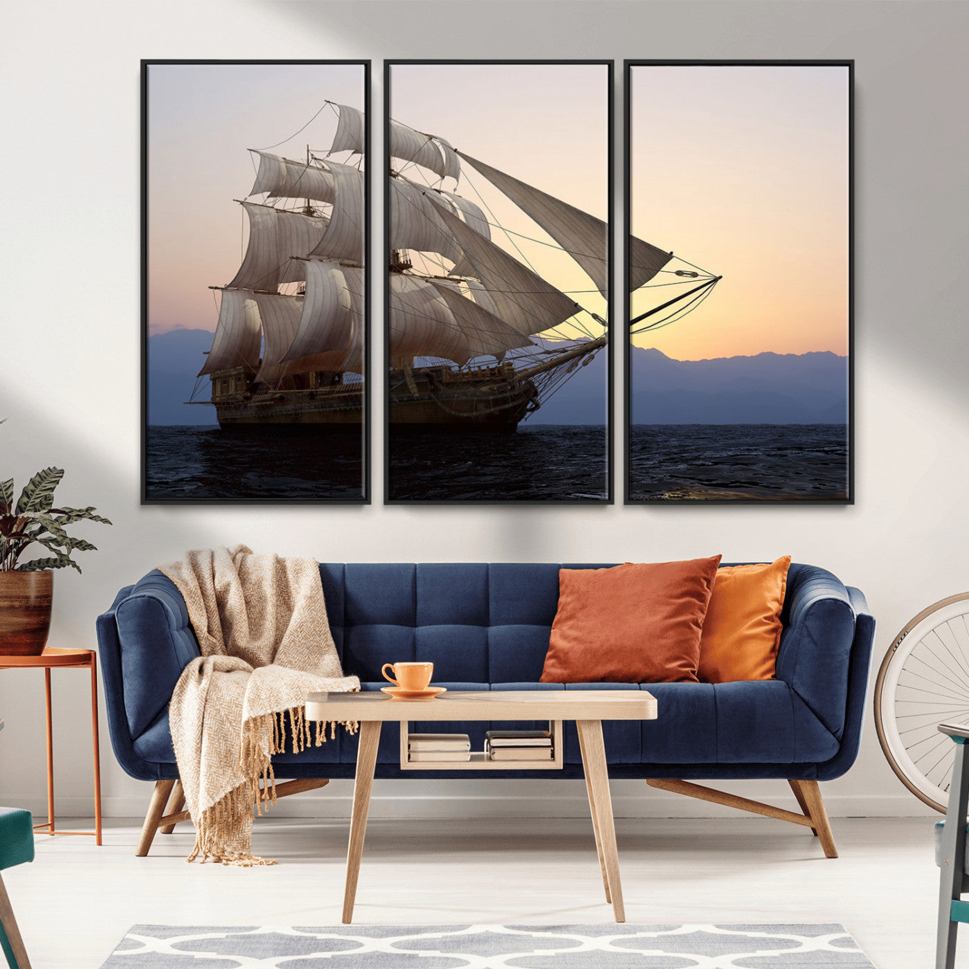 31270610-MGV-CV-36X24-Sailing Ship Wall Art – Sunset Seascape Canvas Print with Tall Ship at Sea, Nautical Ocean Decor for Living Room, Office, or