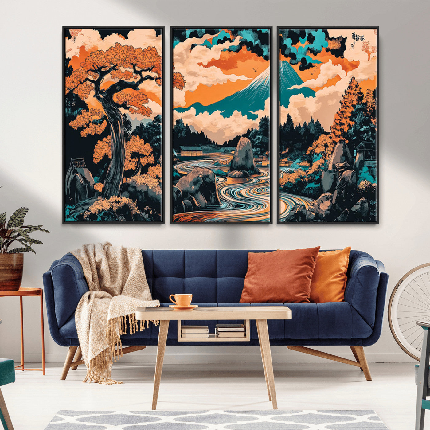 21638941-MGV-CV-36X24-Japanese Landscape Wall Art – Mount Fuji and Flowing River Ukiyo-e Style Canvas Print, Traditional Japan Inspired Artwork for