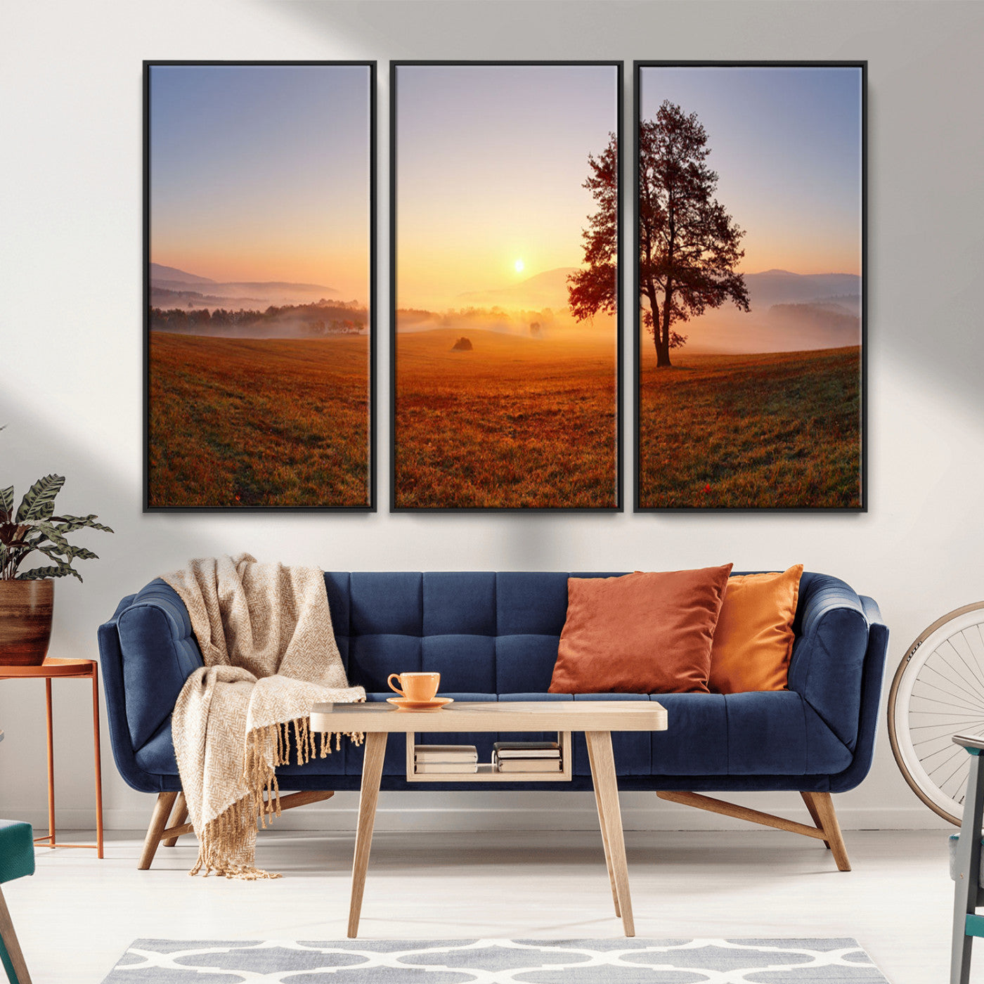 57919623-MGV-CV-36X24-Sunrise Landscape Wall Art – Golden Morning Canvas Print with Tree, Misty Hills and Open Field, Peaceful Nature Photography for