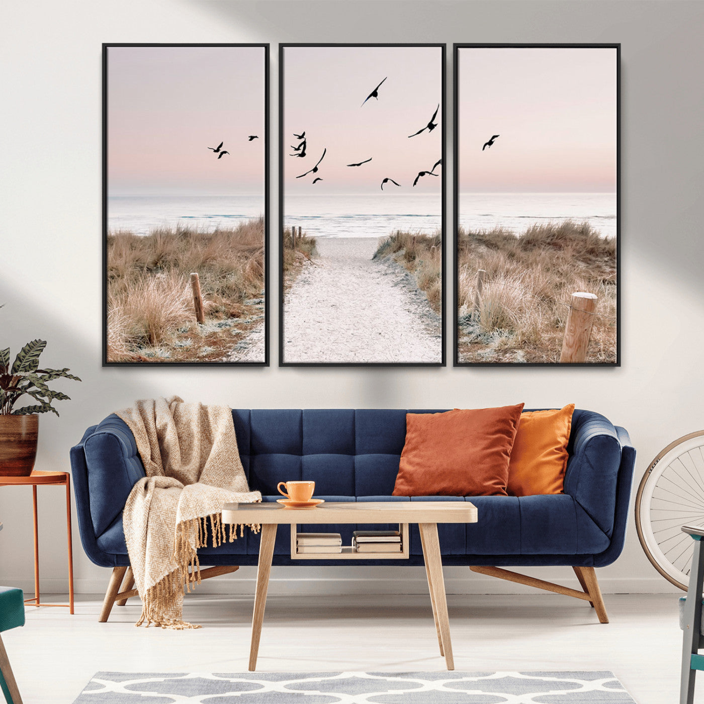 34632598-MGV-CV-36X24-Beach Pathway Wall Art – Coastal Canvas Print with Sandy Trail, Flying Birds and Pastel Sky, Serene Ocean Landscape Photography