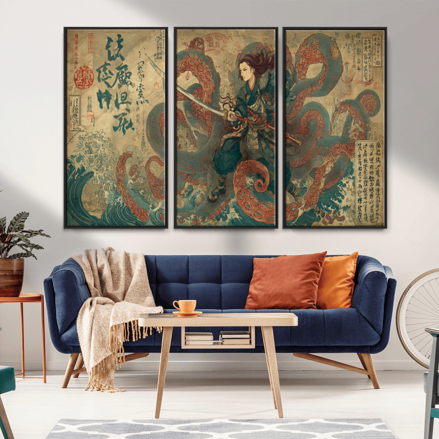 98593115-MGV-FC-48X32-3P_Black-Tsukioka Yoshitoshi Samurai Wall Art Print, Japanese Katana Warrior Canvas Wall Art, Octopus Sea Monster Canvas Print,
