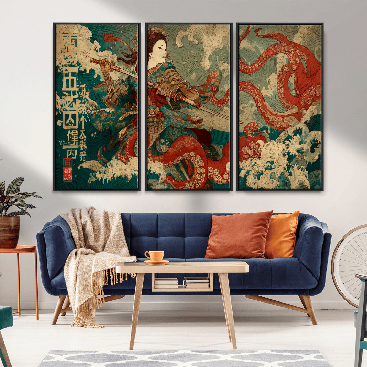 60201267-MGV-CV-36X24-Samurai Woman vs Octopus Wall Art – Japanese Ukiyo-e Armor Canvas Print, Red Tentacle Ocean Battle Artwork for Living Room,