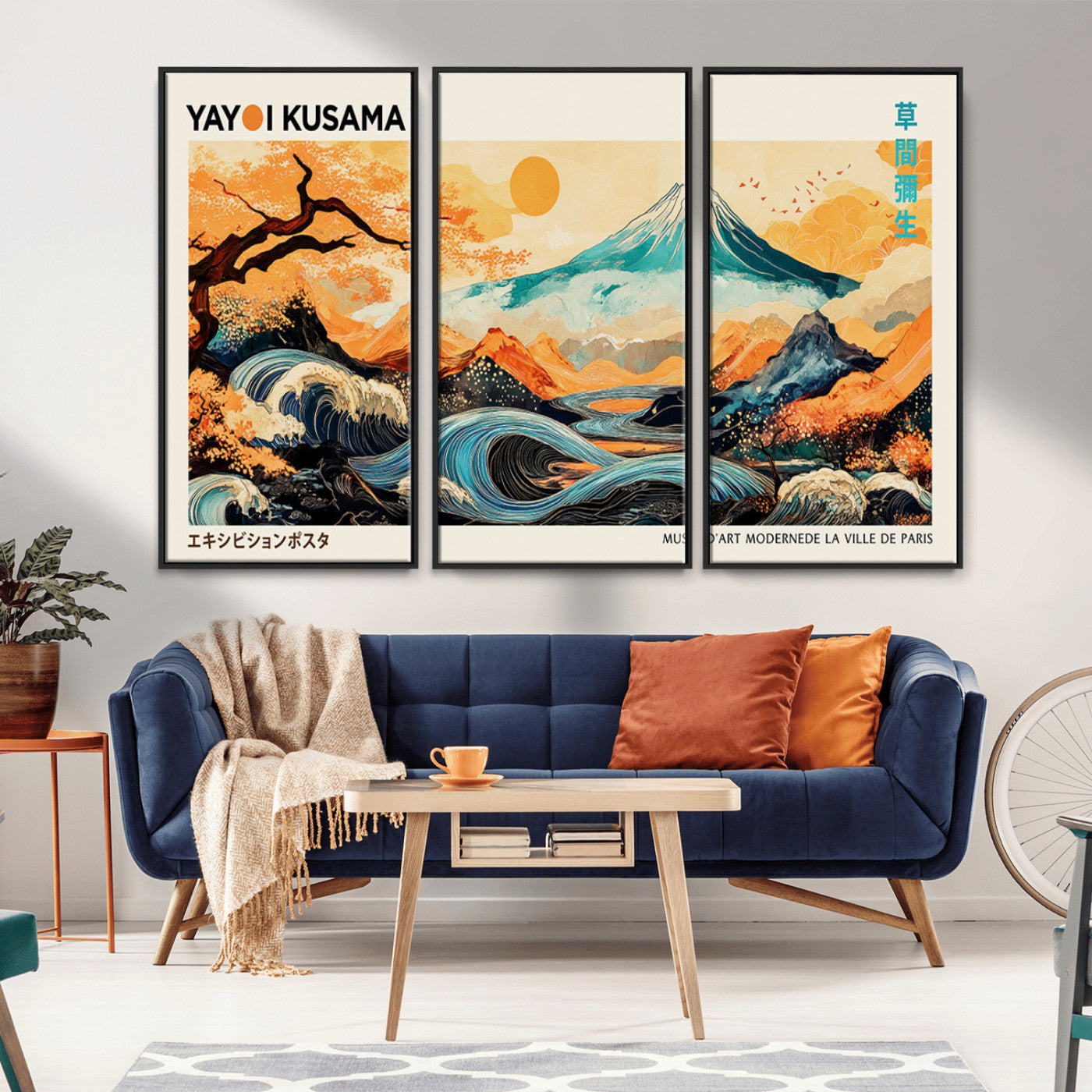 94085549-MGV-FC-48X32-3P_Black-Yayoi Kusama Inspired Japanese Landscape Art Print – Vibrant Mount Fuji, Waves & Autumn Trees, Modern Decorative Poster for