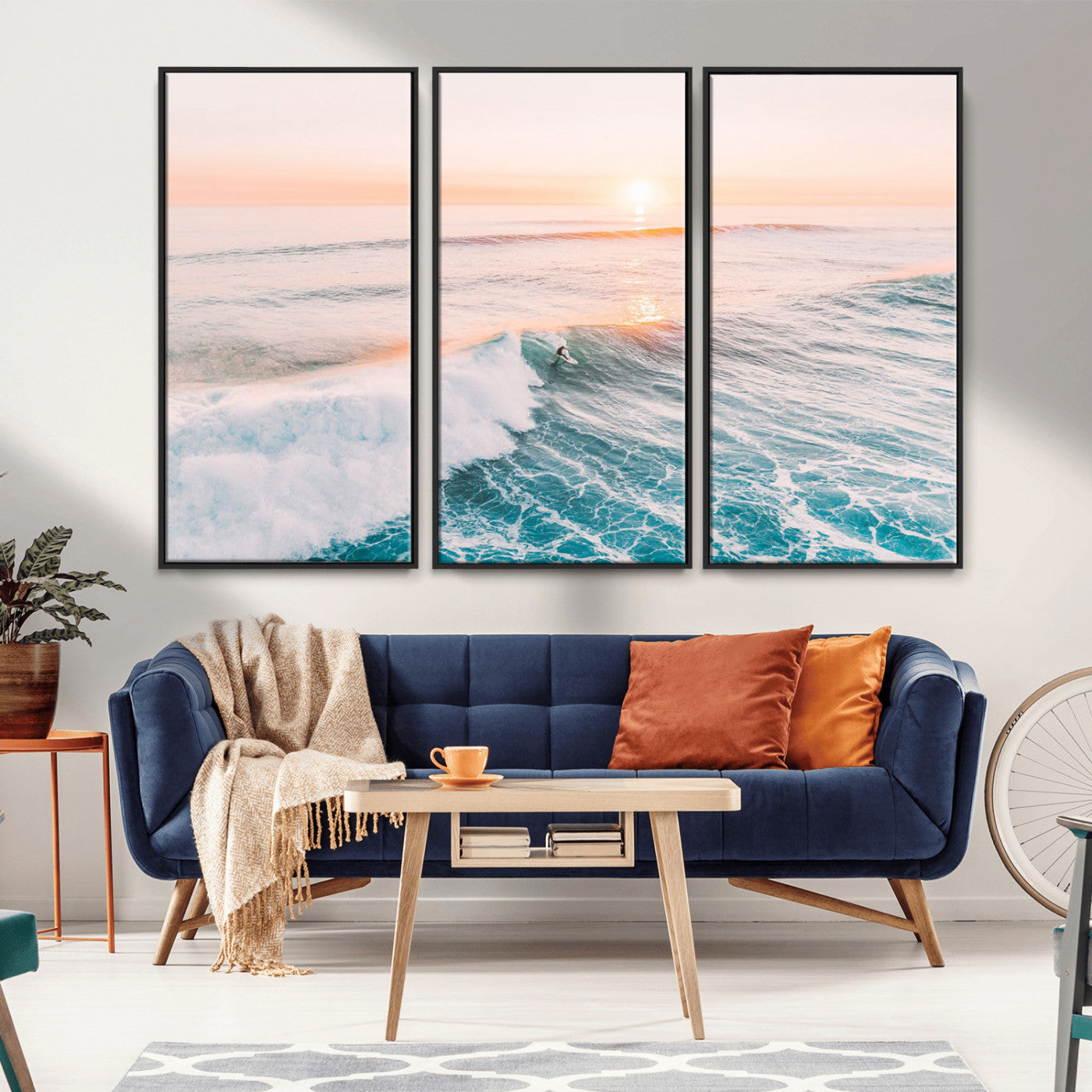 34064591-MGV-FC-48X32-3P_Black-Surfing Wall Art – Sunset Ocean Wave Canvas Print, Surfer Riding Sea Photography Decor for Bedroom, Living Room, Office, Coastal