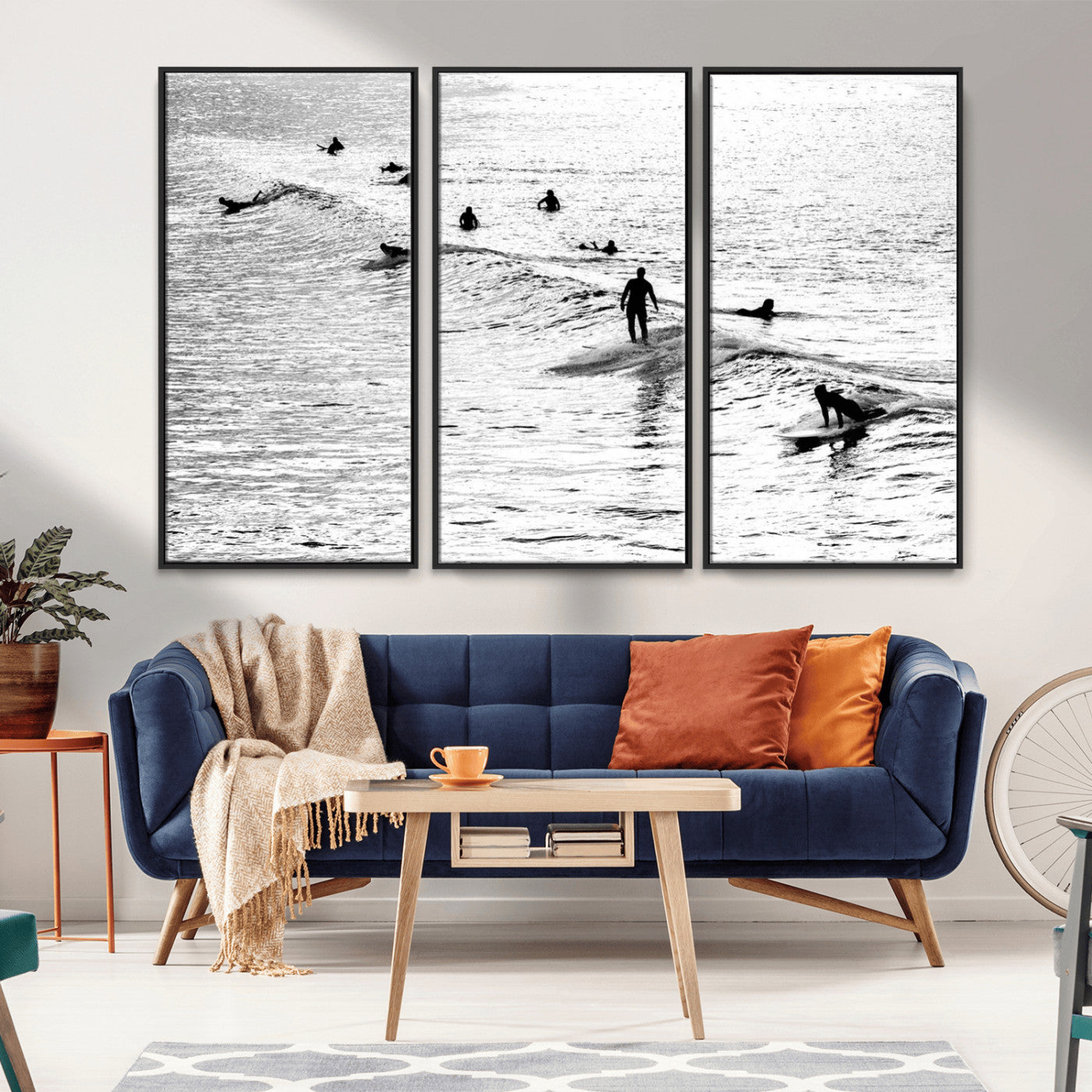 68018616-MGV-CV-36X24-Black and White Surf Photography Print – Minimalist Ocean Wall Art, Surfers Riding Waves, Coastal Beach Decor for Modern Home or