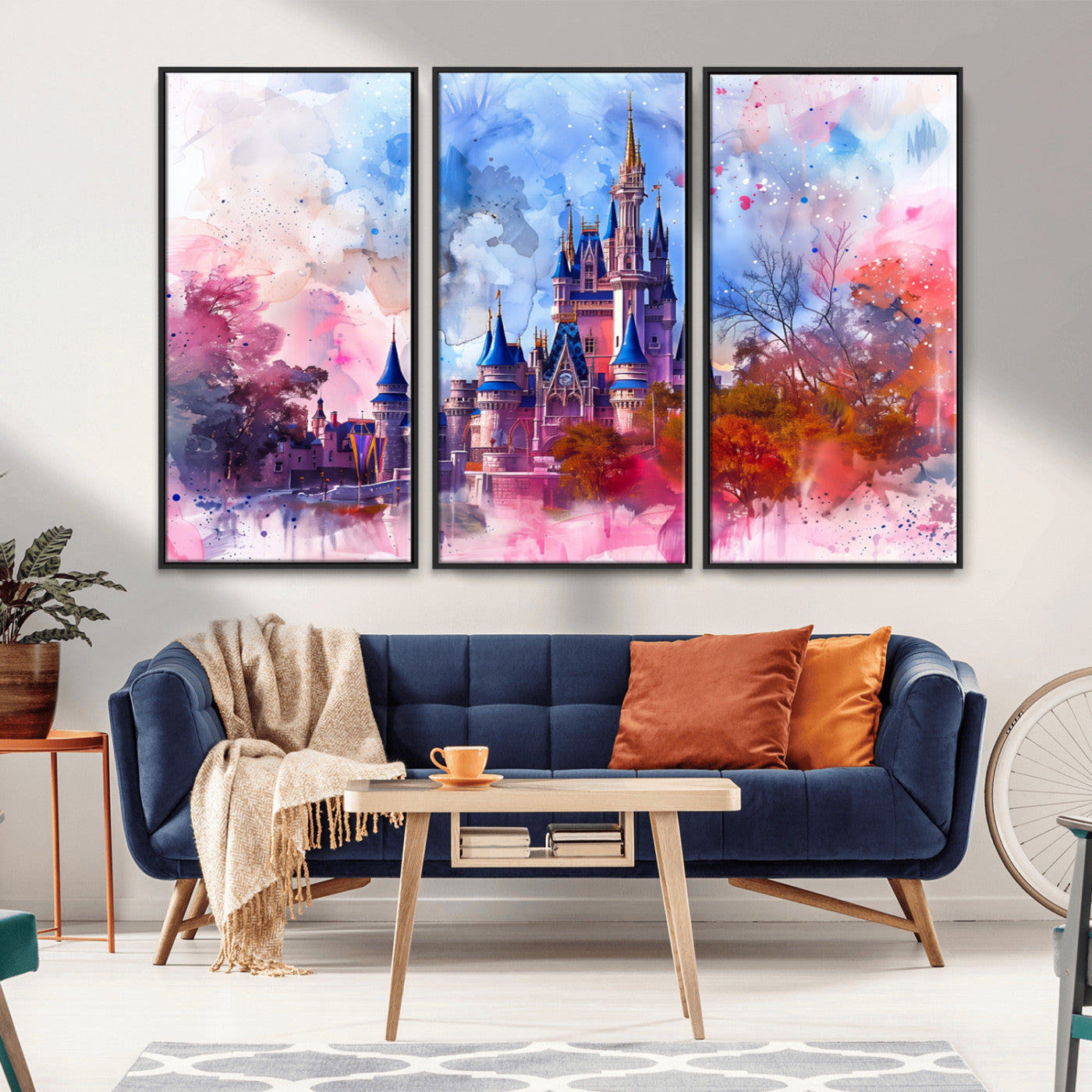 15129-MGV-FC-48X32-3P_Black-Disney Castle Wall Art Canvas Print, Framed Cinderella Palace Art Picture Print, Fantasy Kingdom Perfect Whimsical Fairytale Decor