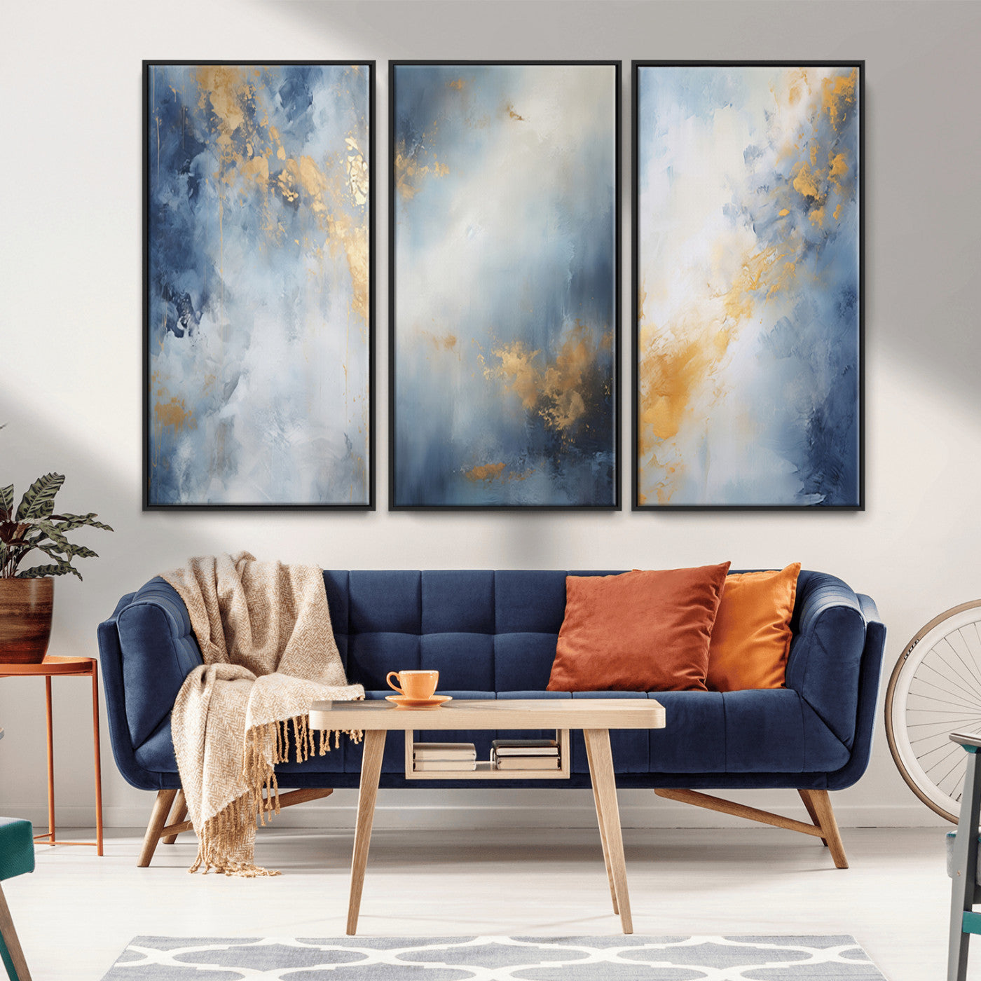 41836-MGV-FC-48X32-3P_Black-Abstract Gold Wall Art Canvas Print, Framed Blue Layers Art Picture Print, Elegant Cloud Perfect Elegant Minimalist Decor Artwork