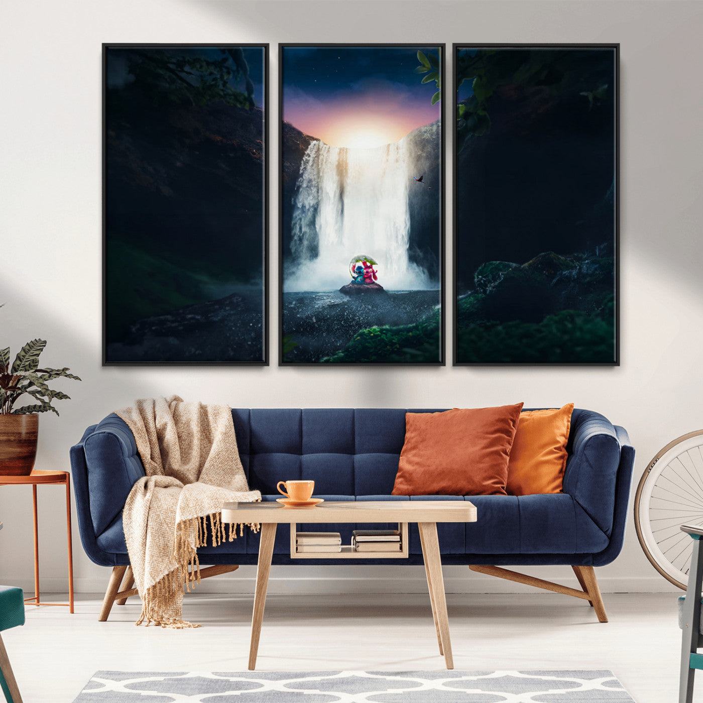 56359-MGV-FC-48X32-3P_Black-Lilo Stitch Wall Art Canvas Print, Framed Stitch Angel Art Picture Print, Cartoon Waterfall Perfect Tropical Fantasy Decor Artwork