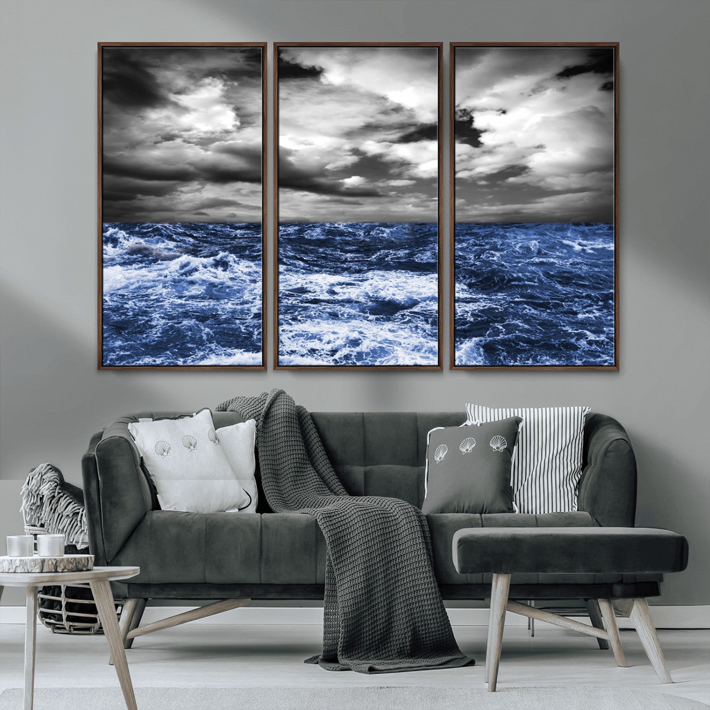 36012-MGV-CV-36X24-Dramatic Stormy Ocean Waves Black and White with Deep Blue Highlights – Moody Seascape Wall Art, Nature Photography Print for Home