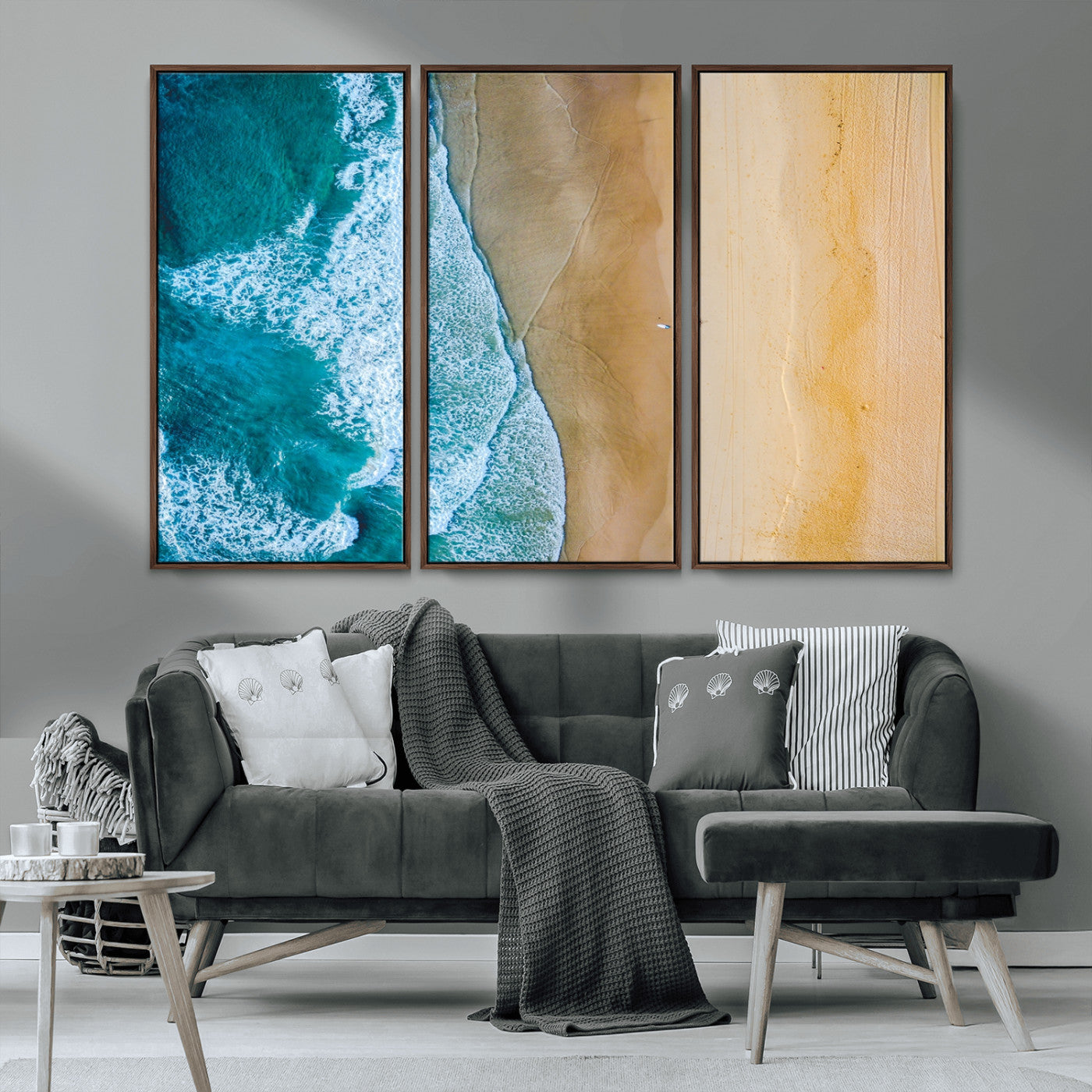 46640-MGV-CV-36X24-Aerial Beach Wall Art – Turquoise Waves and Golden Sand Canvas Print with Lone Surfer, Coastal Ocean Decor for Living Room,