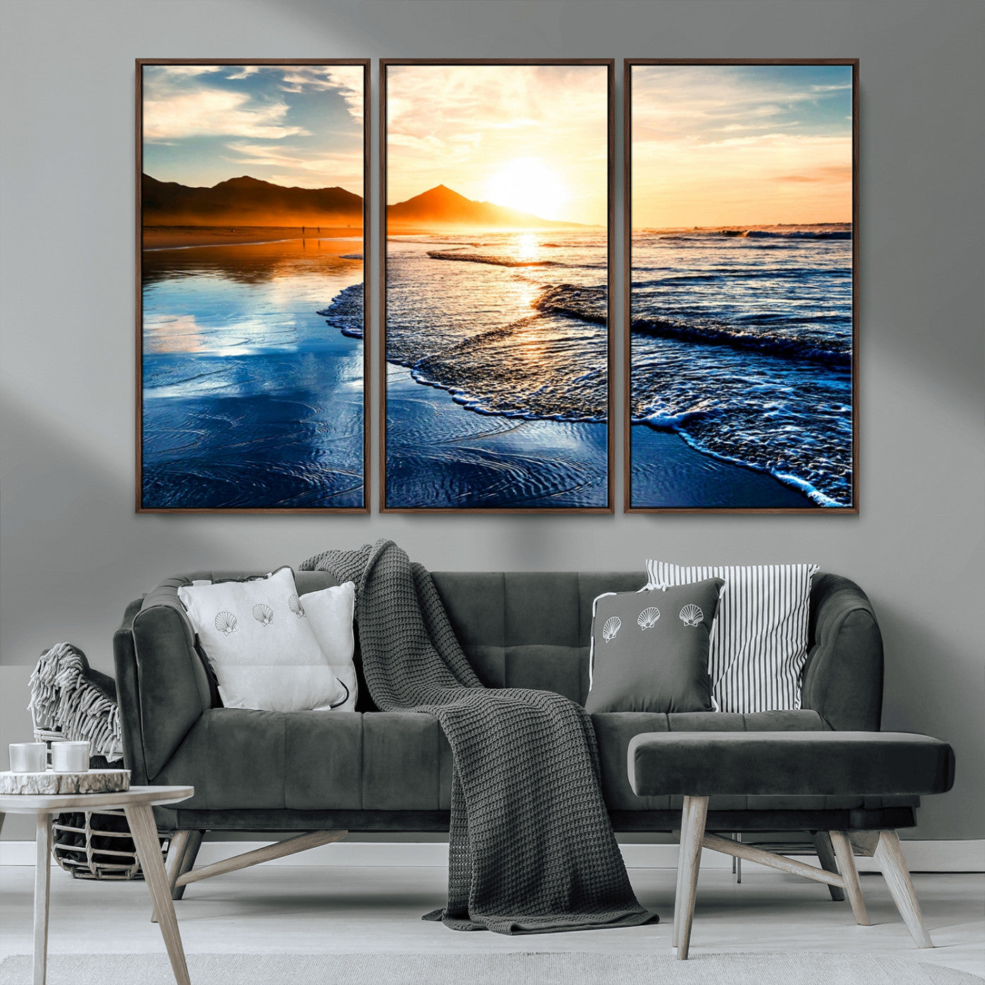 86173-MGV-CV-36X24-Golden Sunset Beach Wall Art – Reflective Ocean Canvas Print with Mountains and Waves, Coastal Nature Decor for Living Room,