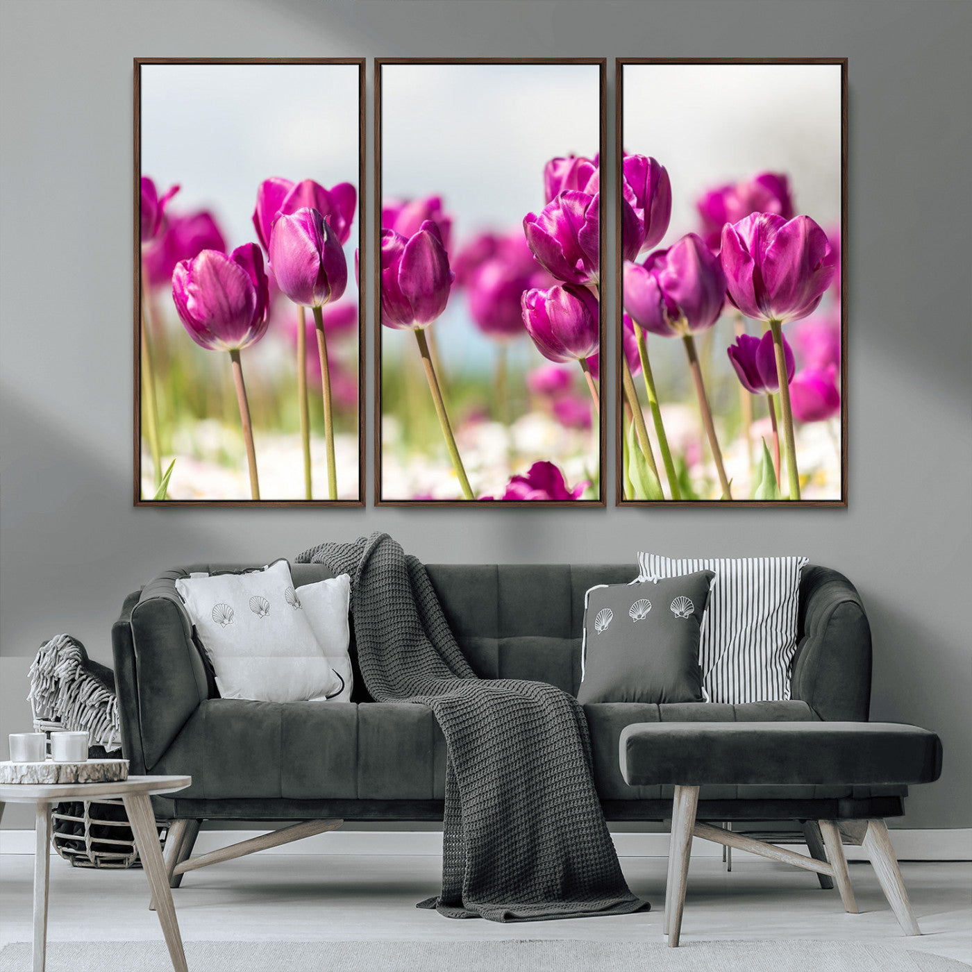 30632-MGV-CV-36X24-Purple Tulip Field Wall Art – Beautiful Spring Flowers Canvas Print with Soft Focus and Bright Sky, Ideal Floral Decor for Home or